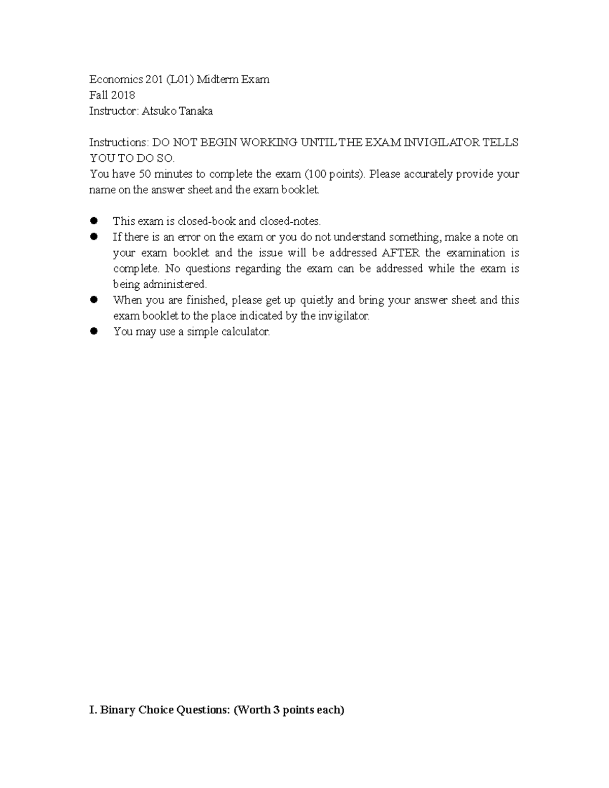 Midterm 2019, questions and answers - Economics 201 (L01) Midterm Exam ...