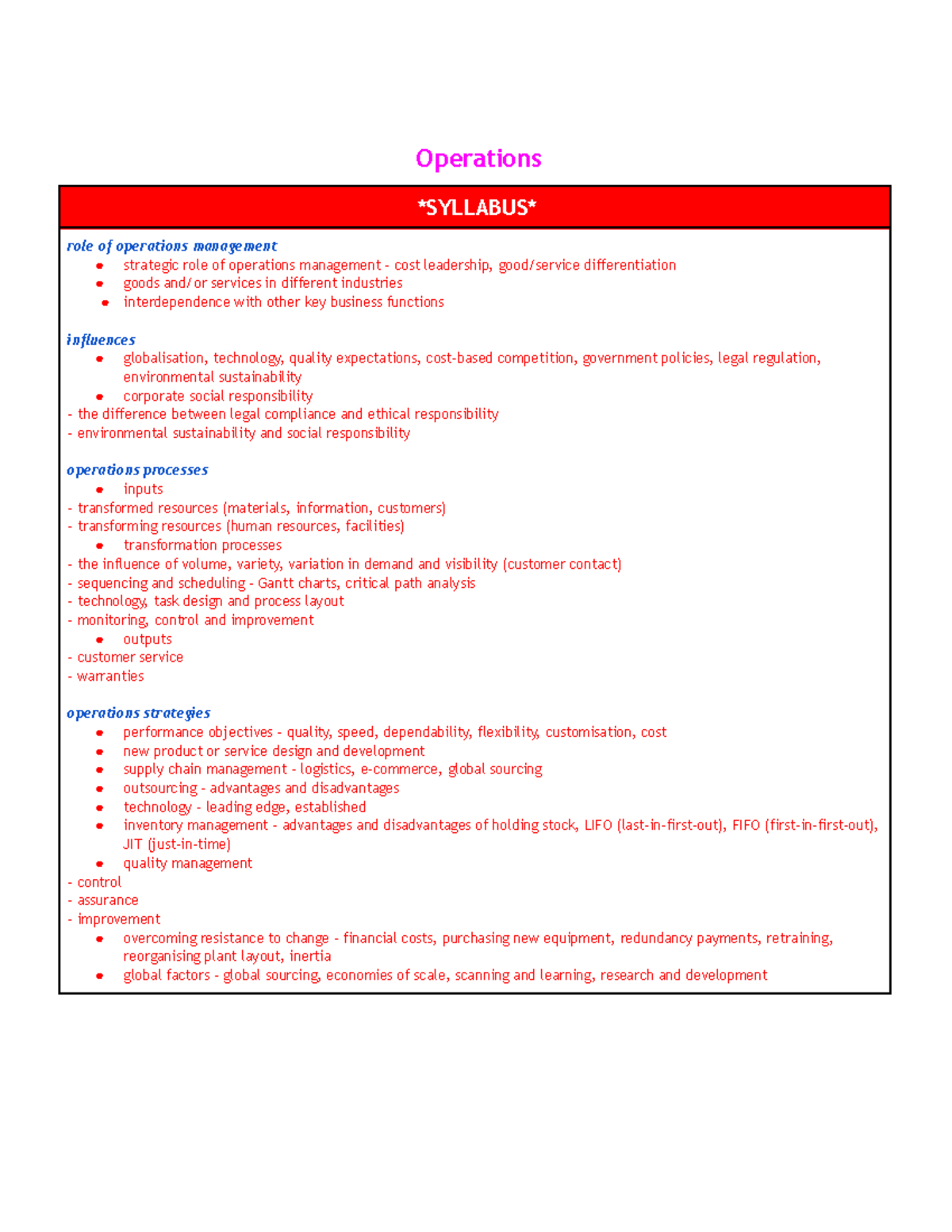 Business Operations Notes HSC - Operations SYLLABUS role of operations ...