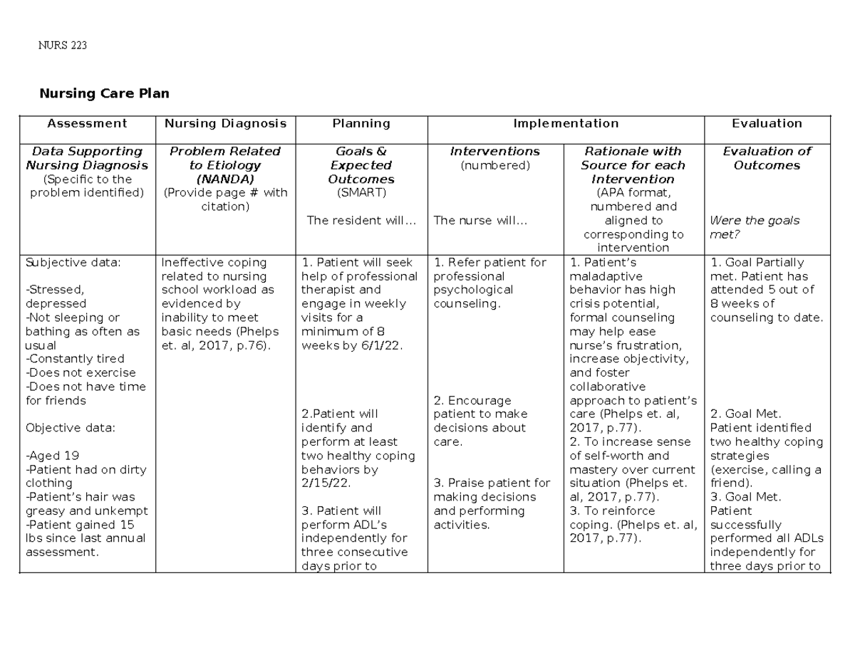 nursing care plan assignment sample