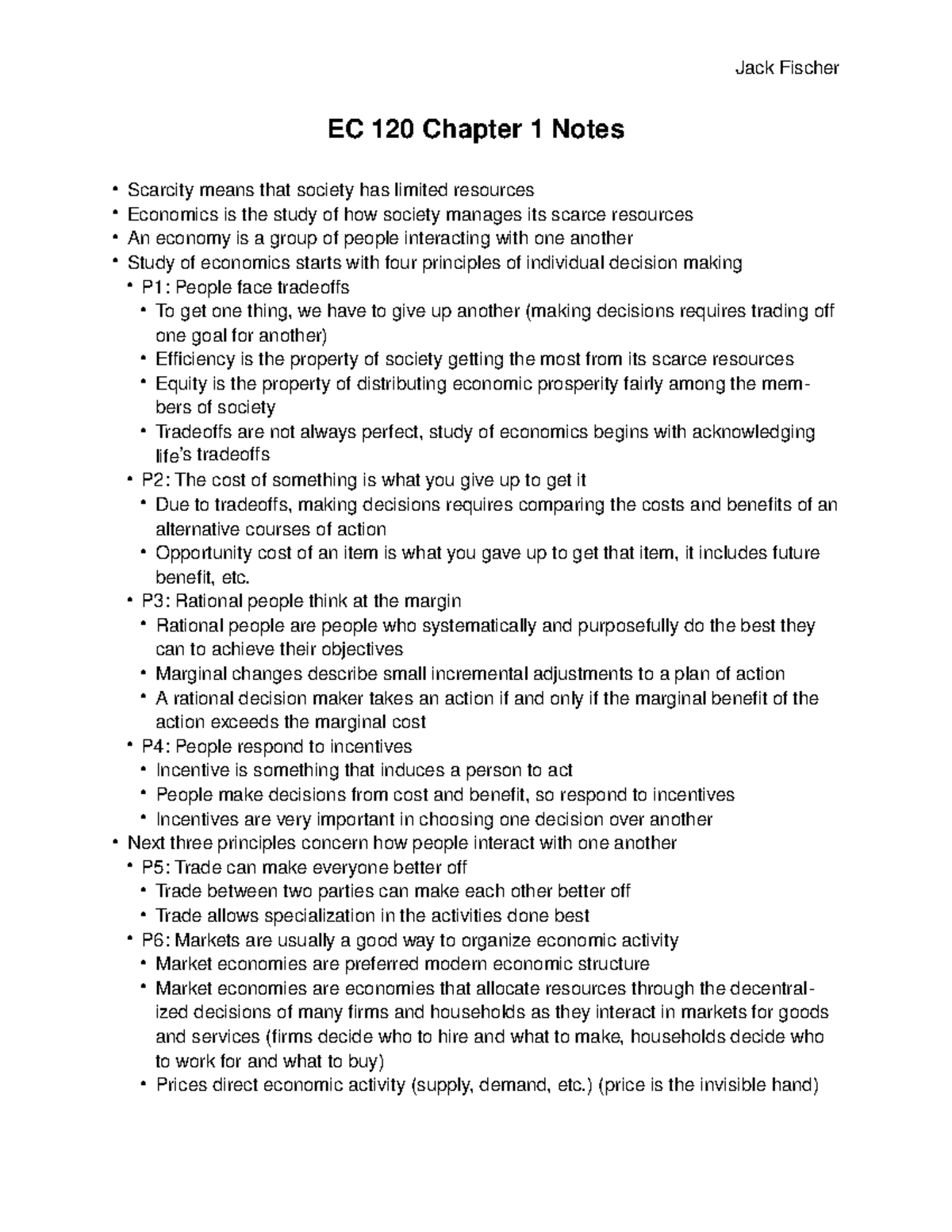 EC120 Chapter 1 Notes - Jack Fischer EC 120 Chapter 1 Notes • Scarcity ...