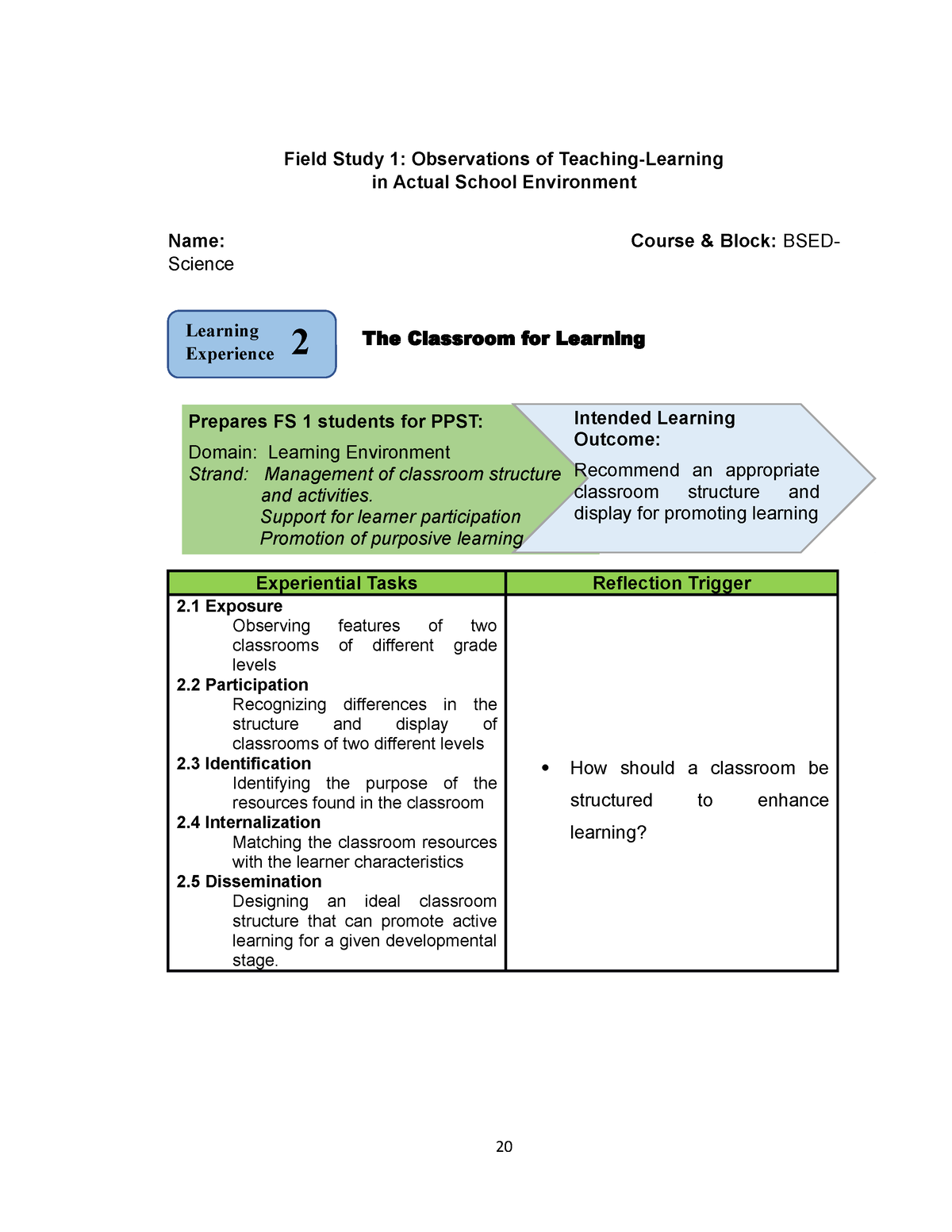 FS 1 Learning Experience 2 - Field Study 1: Observations of Teaching ...