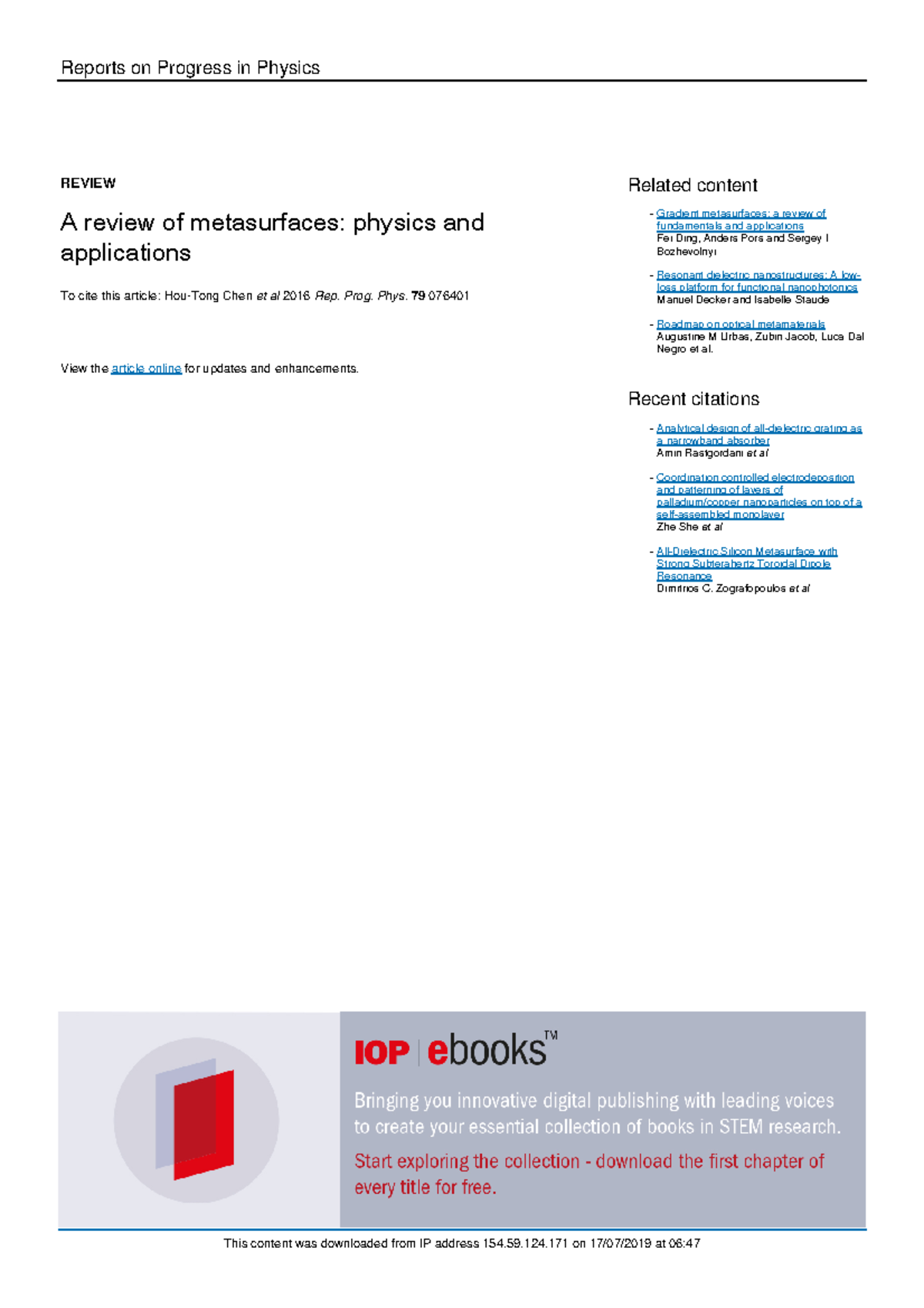 A review of metasurfaces physics and Reports on Progress in Physics