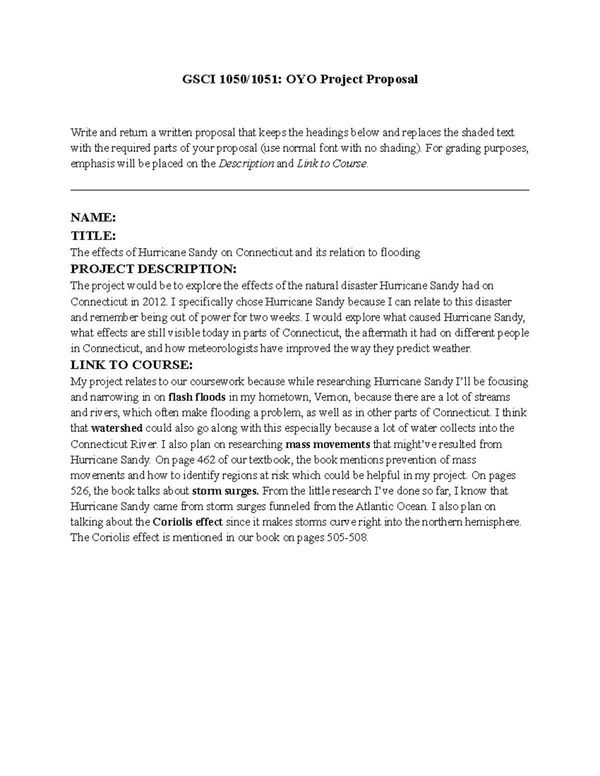 OYO Proposal GSCI 1050 - GSCI 1050/1051: OYO Project Proposal Write and ...