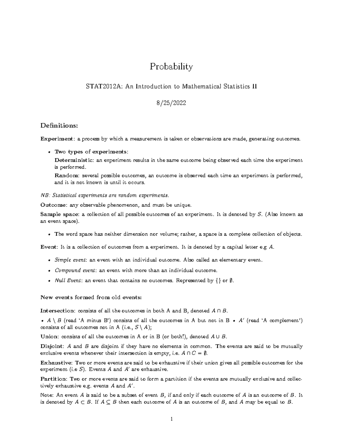 Probability Lecture Notes 2022 - Probability STAT2012A: An Introduction ...