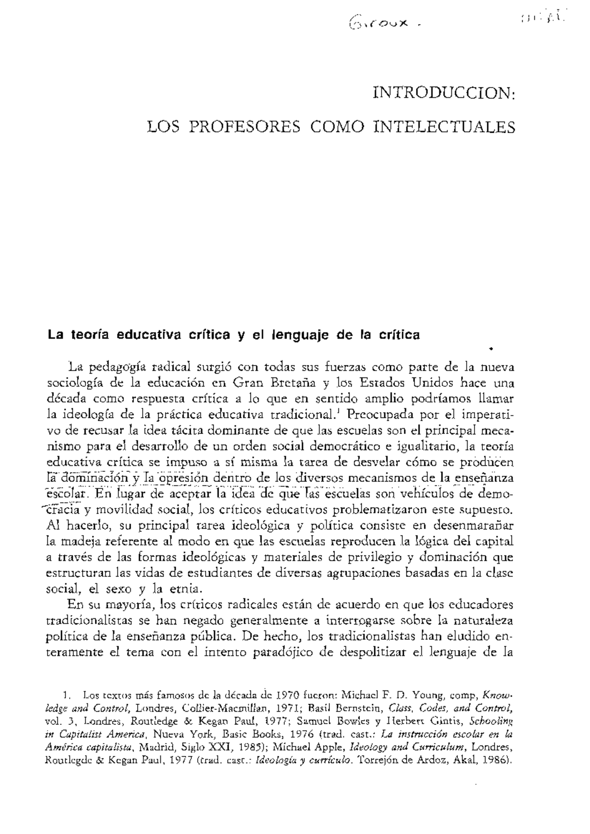 Giroux Los profesores como intelectuales transformativos Taller de Alfabetizacion en lectura