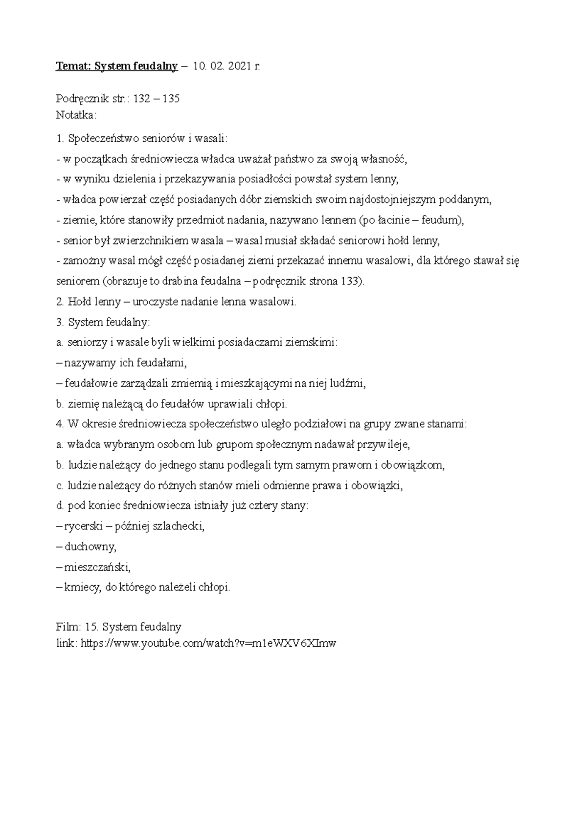 Sprawdzian Klasa 5 System Feudalny