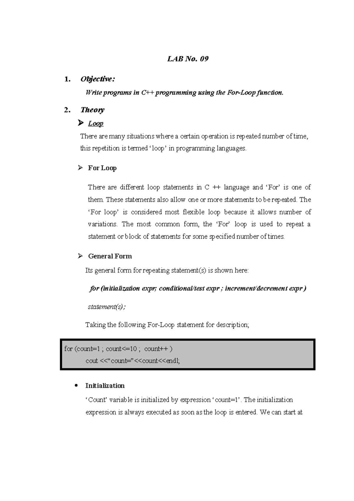 LAB-10 - dadsasd - LAB No. 09 1. Objective: Write programs in C++ ...
