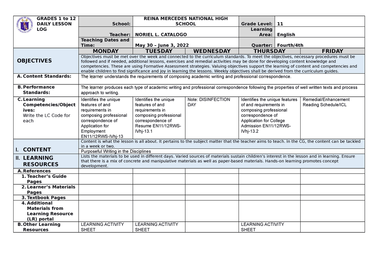 Grade 9 English DLL Q1 W1 - GRADES 1 to 12 DAILY LESSON LOG School ...