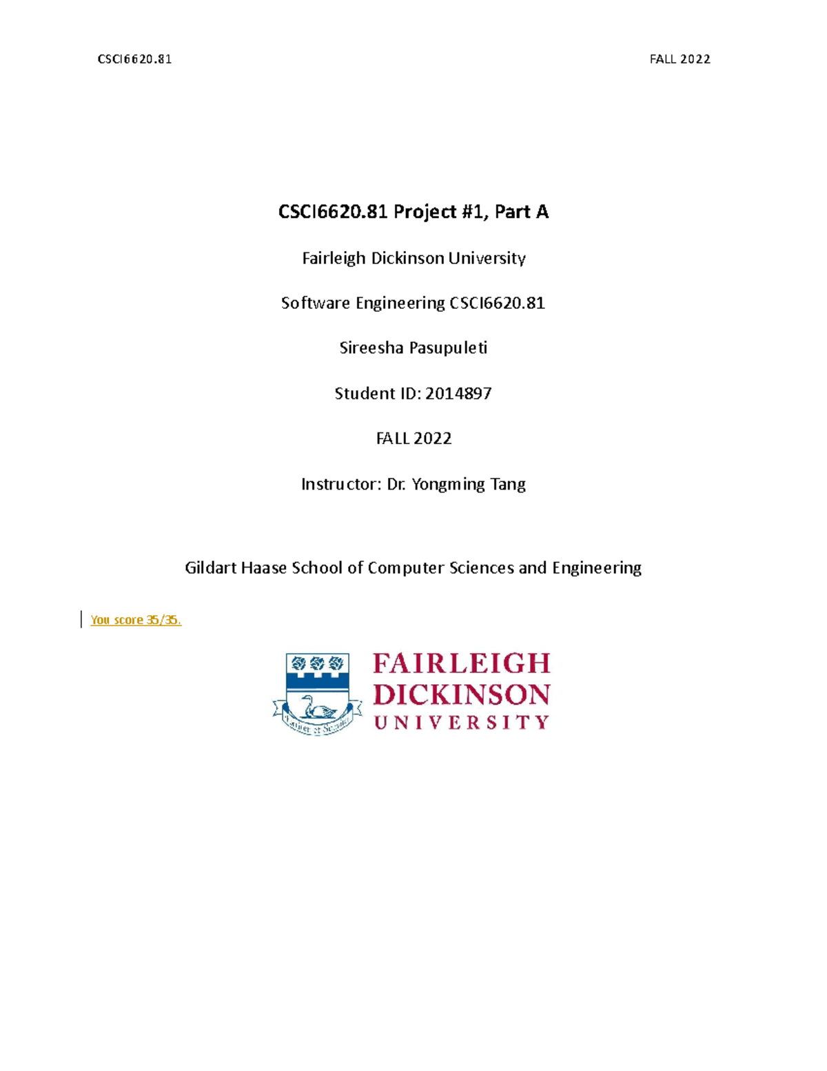 SE Project 1 Part A - CSCI6620 Project #1, Part A Fairleigh Dickinson ...