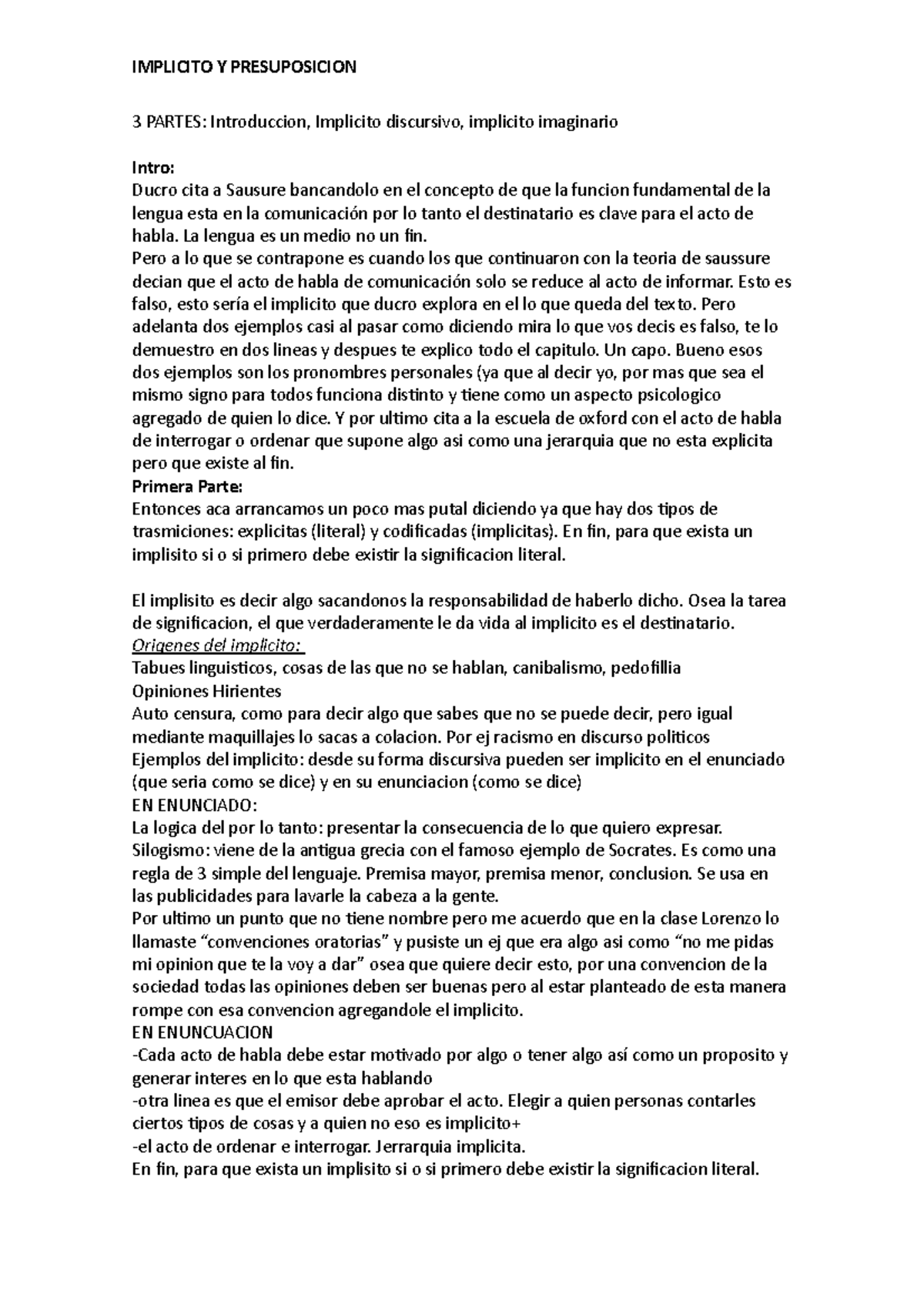 Ducrot: Implicito en el Lenguaje - 3 PARTES: Introduccion, Implicito ...