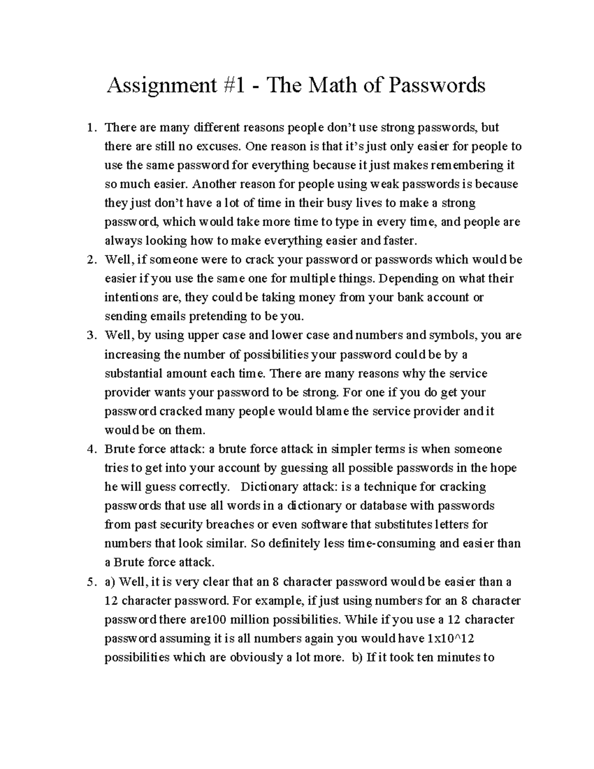 Passwords assighnment - Assignment #1 - The Math of Passwords There are ...