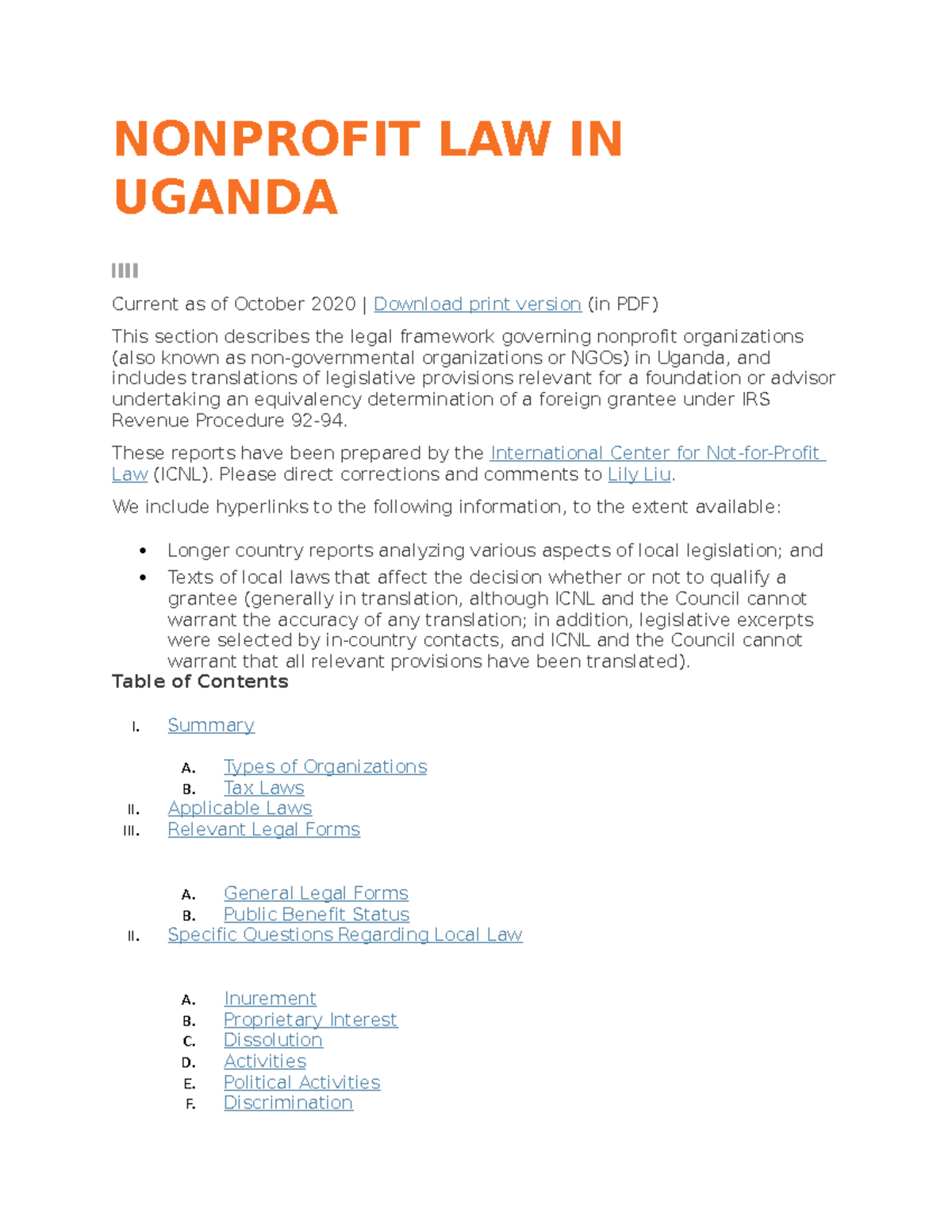 Nonprofit LAW IN Uganda NONPROFIT LAW IN UGANDA Current as of October