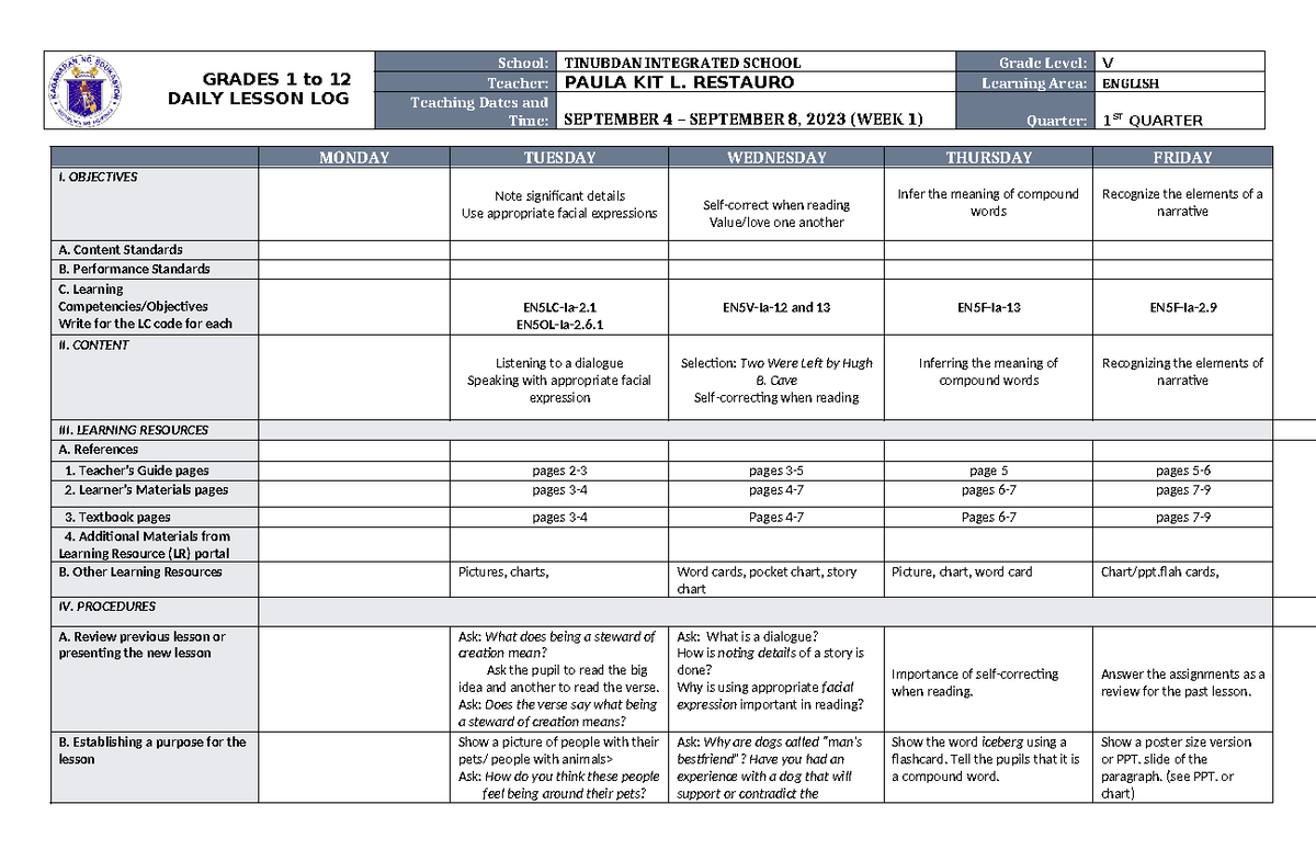 DLL English 5 Q1 W1 - Daily Lesson Log Sample - GRADES 1 to 12 DAILY ...