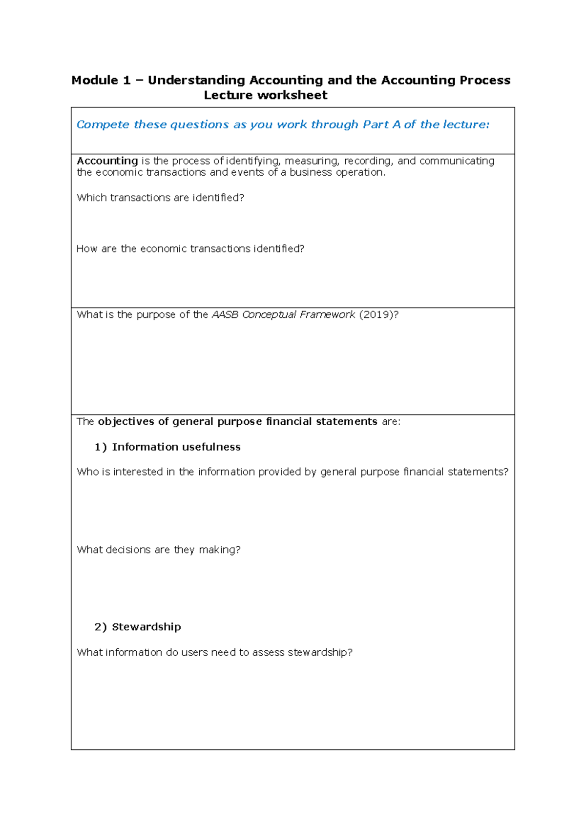 Module 1 Part A Lecture worksheet - Module 1 – Understanding Accounting ...