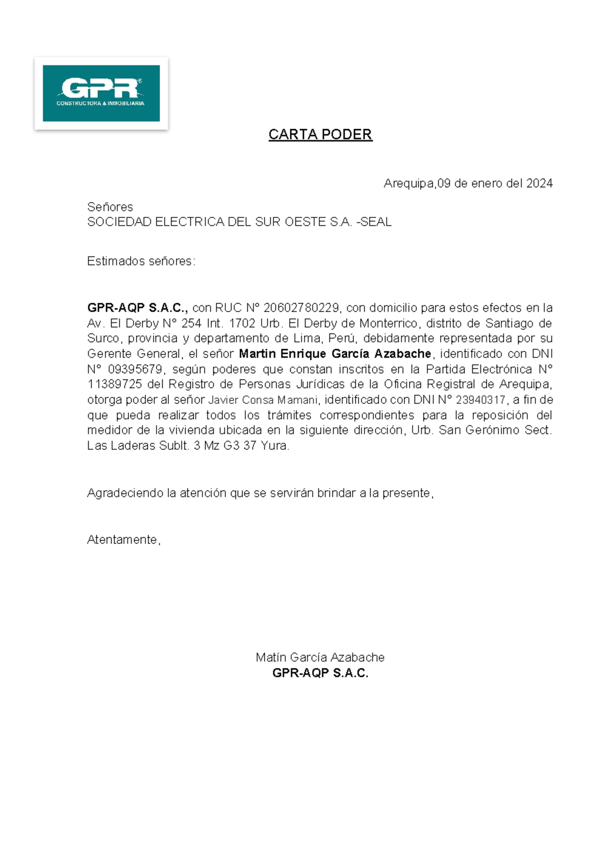 Carta poder para luz - CARTA PODER Arequipa,09 de enero del 2024