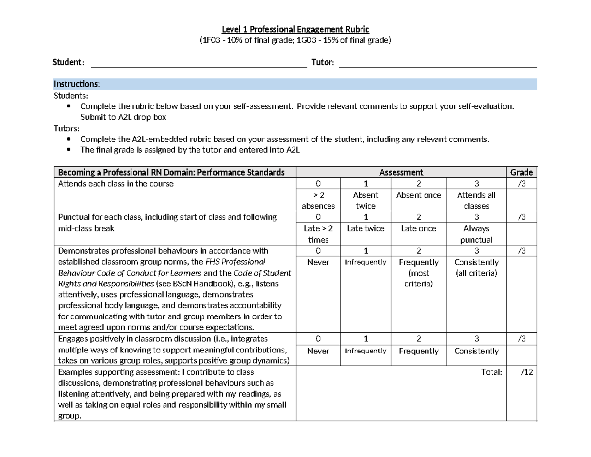 Level 1 Professional Engagement Rubric W2024 - Level 1 Professional ...