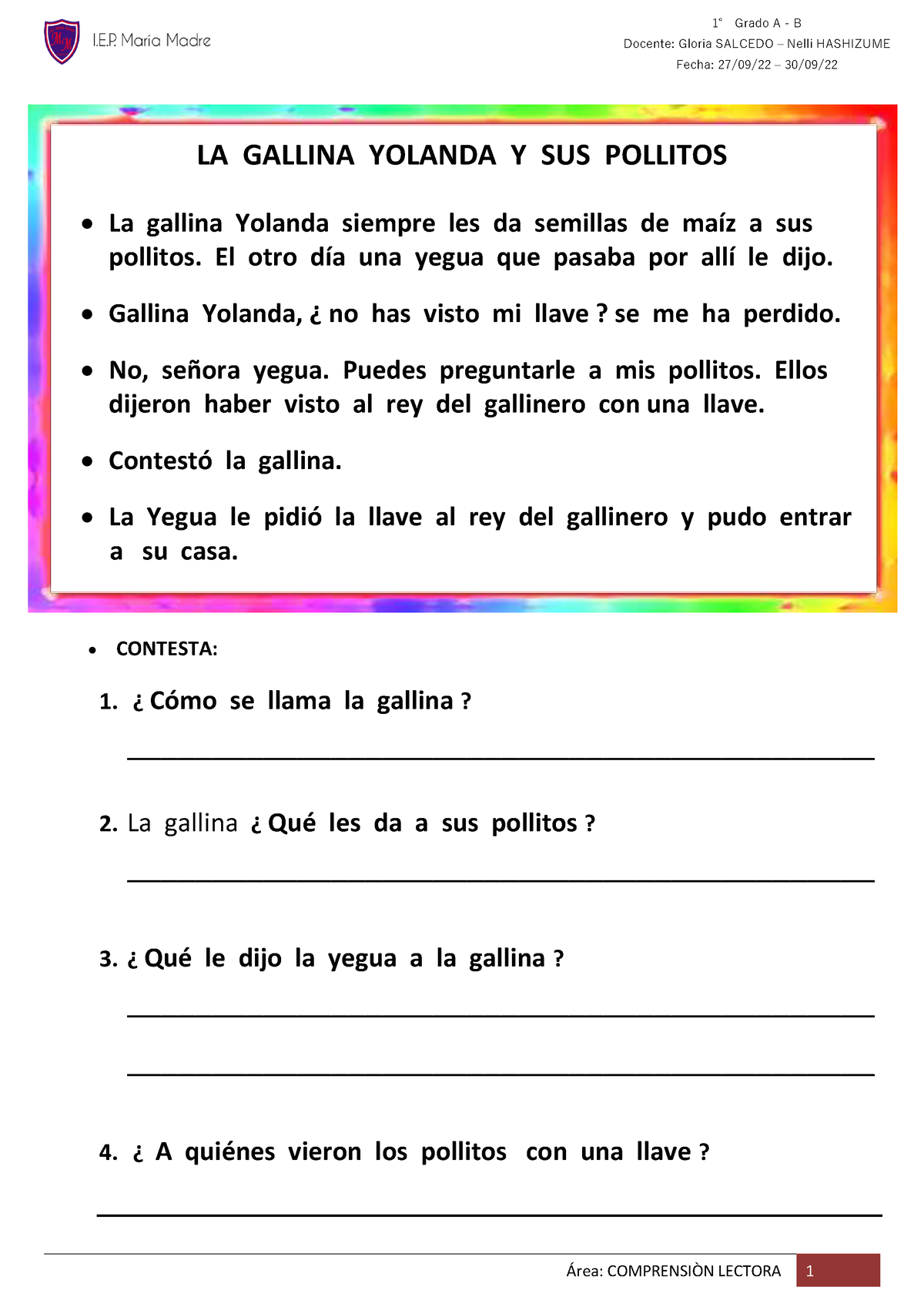 1ª Grado - ComprensiòN Lectora - 27 - ¡rea: COMPRENSI“N LECTORA 1 1 ...