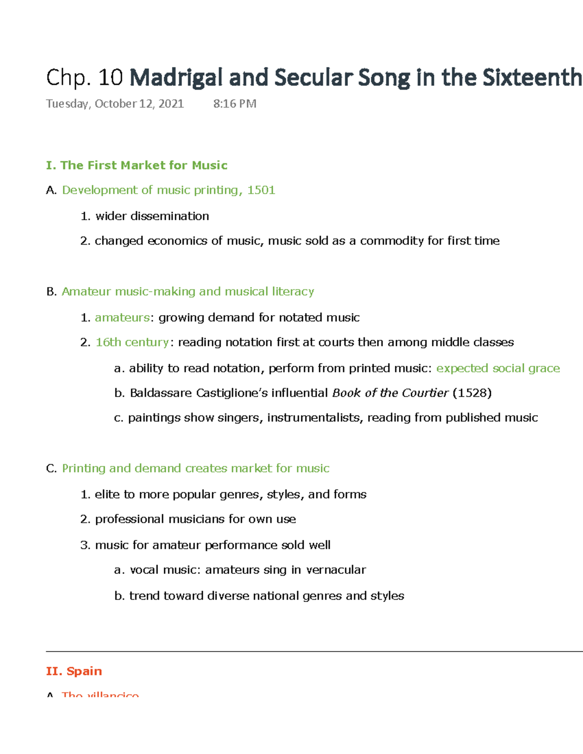 Chp. 10 Madrigal and Secular Song in the Sixteenth Century - I. The