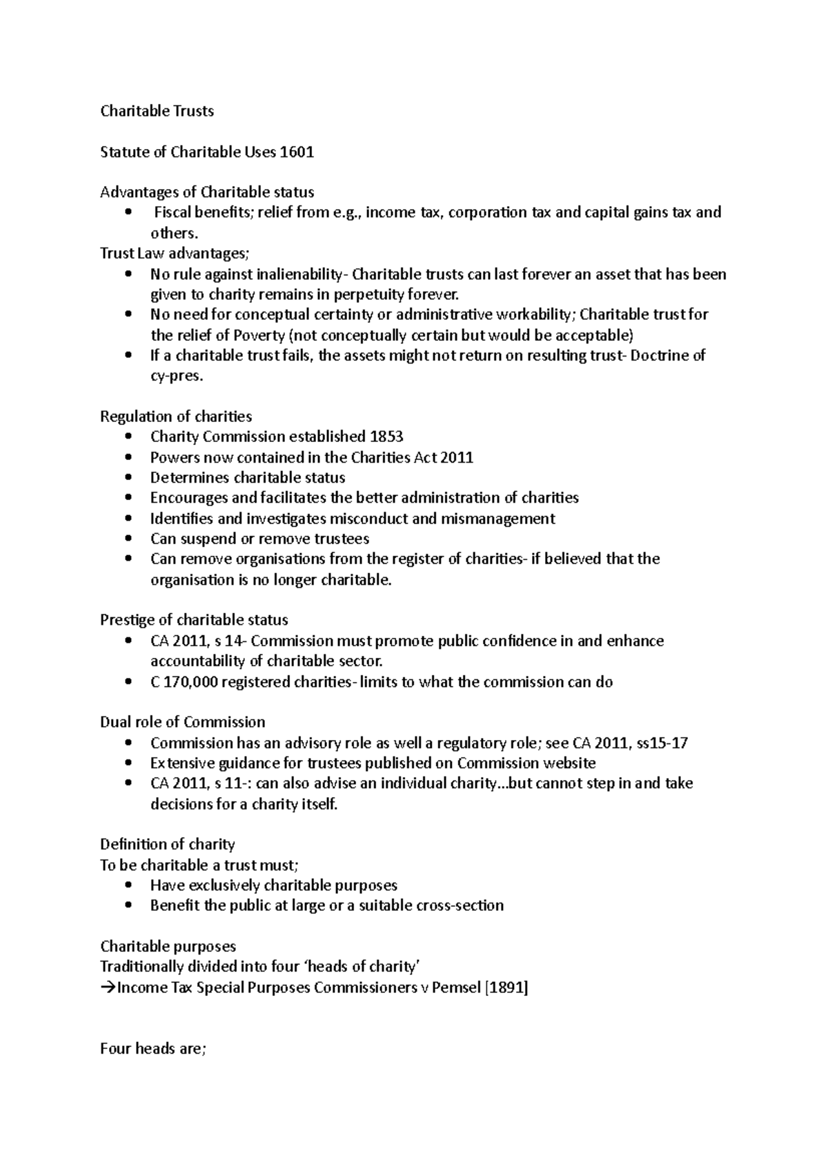 Charitable Trusts Charitable Trusts Statute of Charitable Uses 1601