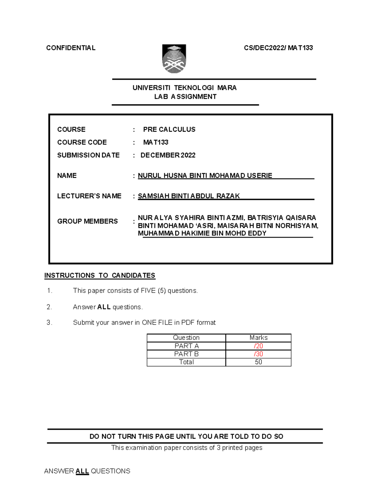 LAB ASSIGNMENT PRE-CALCULUS MAT133 - CONFIDENTIAL CS/DEC2022/ MAT ...