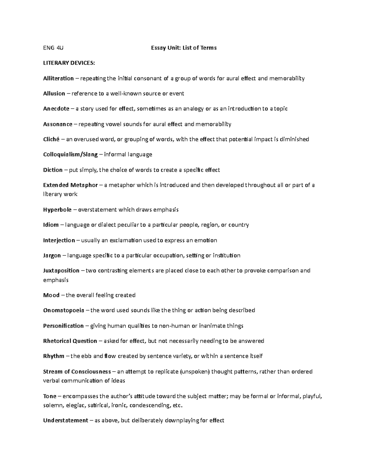 Rhetorical Devices Definitions ENG 4U Essay Unit List of Terms