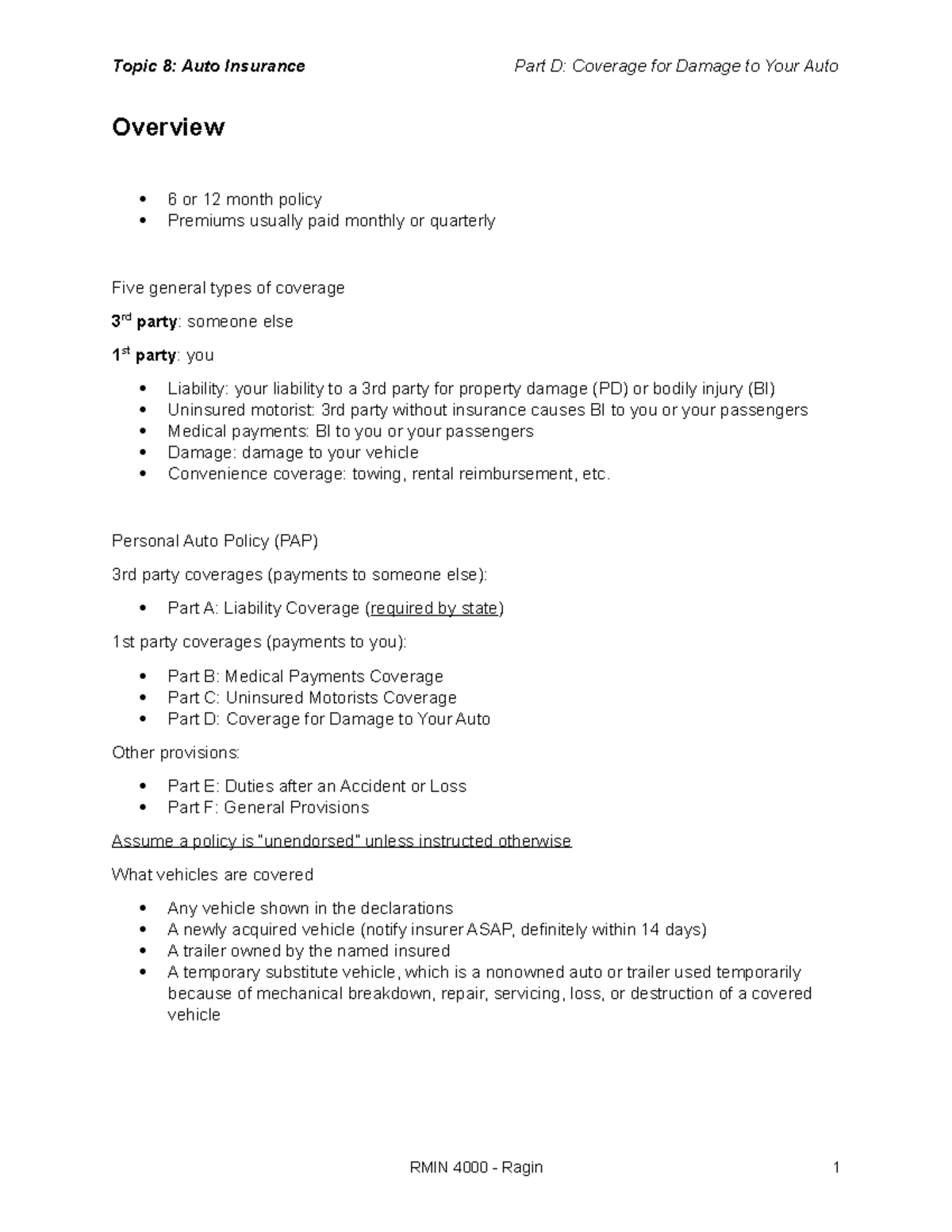 Topic 8 Lecture Notes Outline - RMIN 4000 - UGA - Studocu