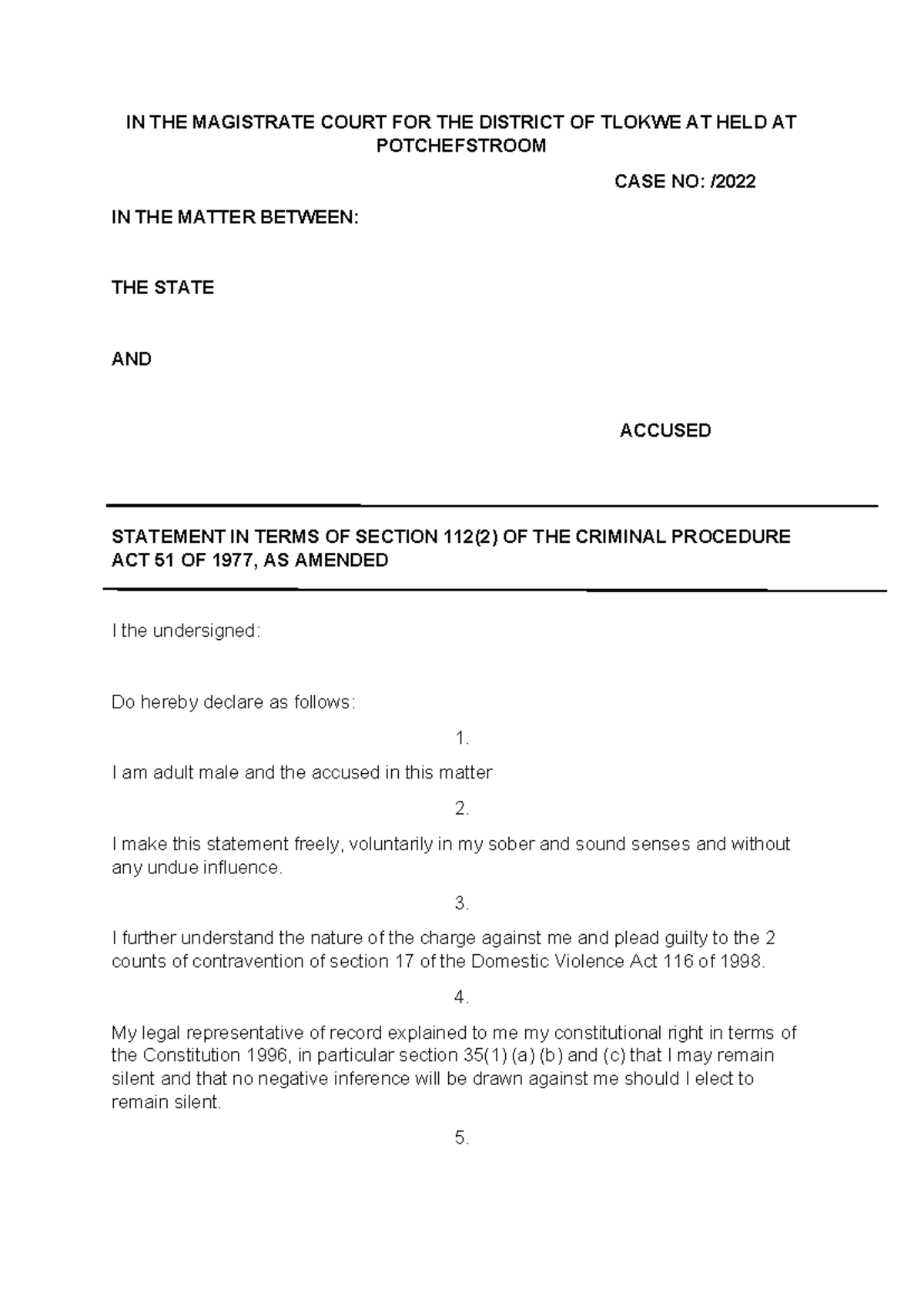 Eg of Contravention of Protection Order plea - IN THE MAGISTRATE COURT ...