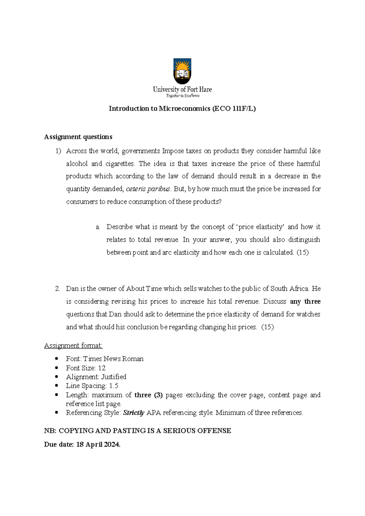 Eco111l Assignment 1 2024 Introduction To Microeconomics Eco 1l1f L