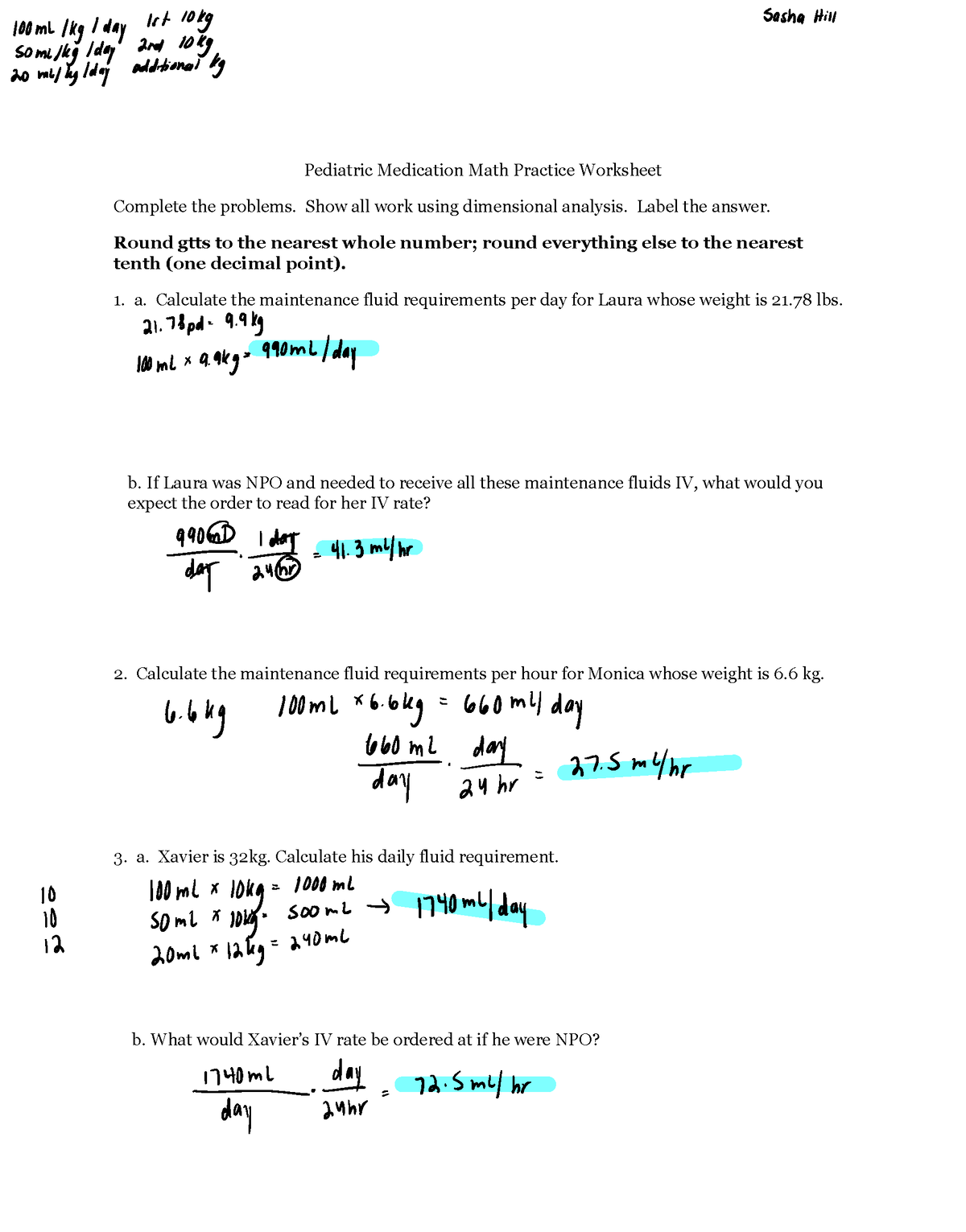 Pediatric Medication Math Practice Worksheet - Student Version (2) 2 ...