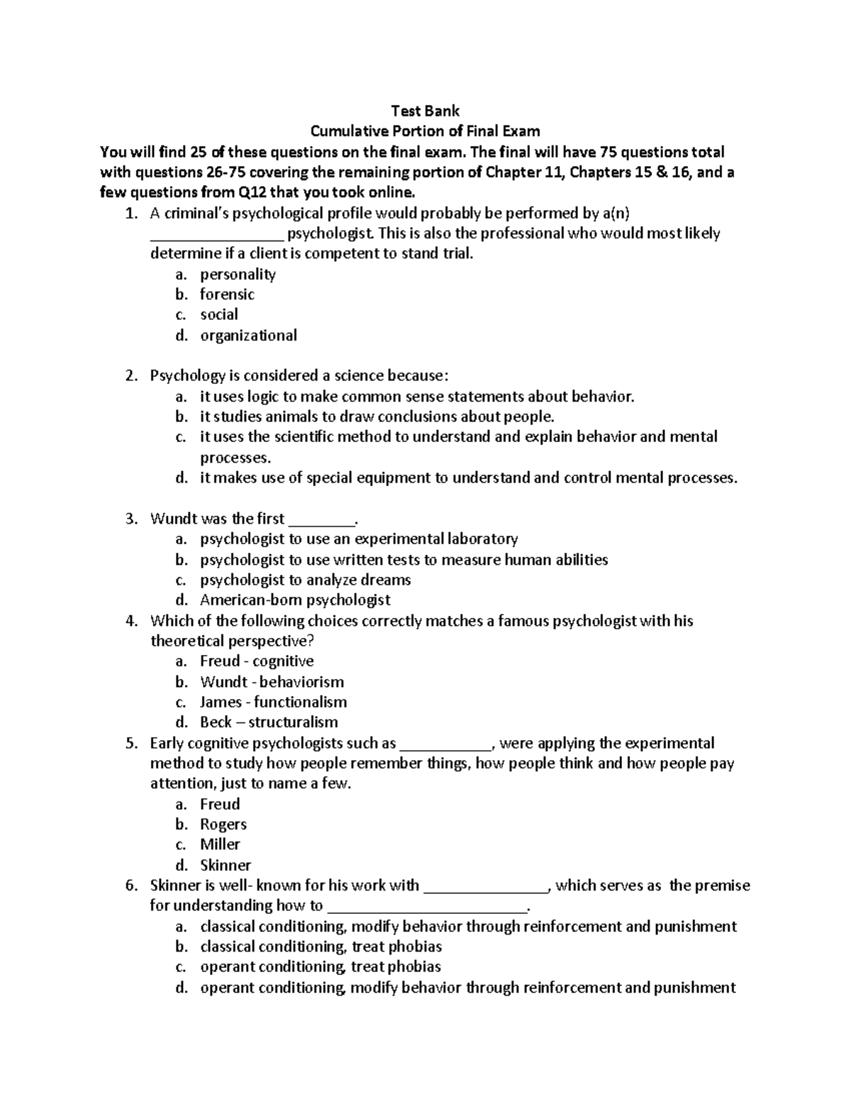 Final Exam Spring 18 Test Bank Cumulative Portion of Final Exam You