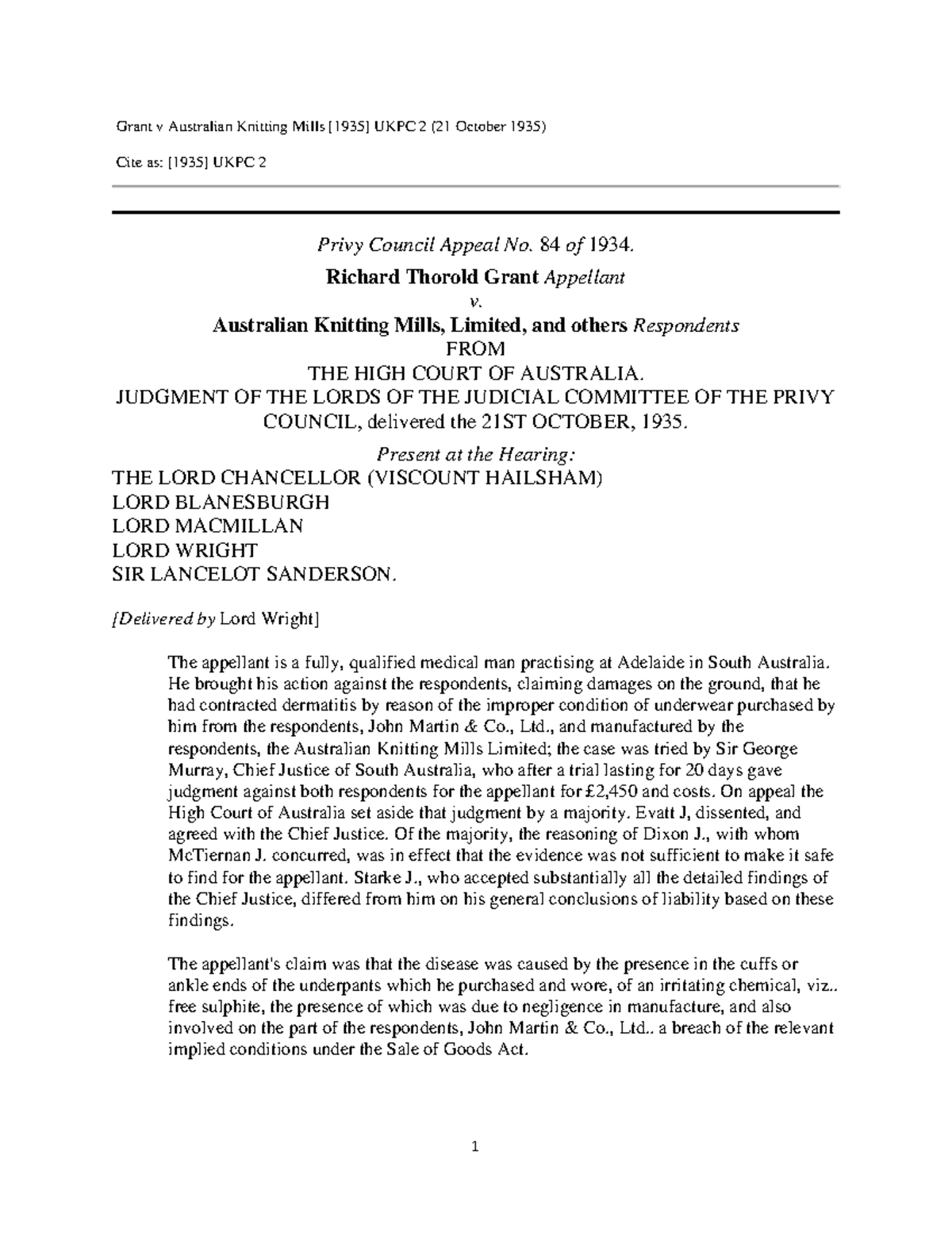 Grant v Australian Knitting Mills - 84 of 1934. Richard Thorold Grant ...