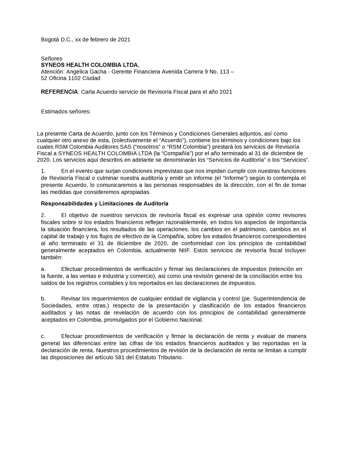 Carta Acuerdo Revisoria Fiscal Bogotá D Xx De Febrero De 2021