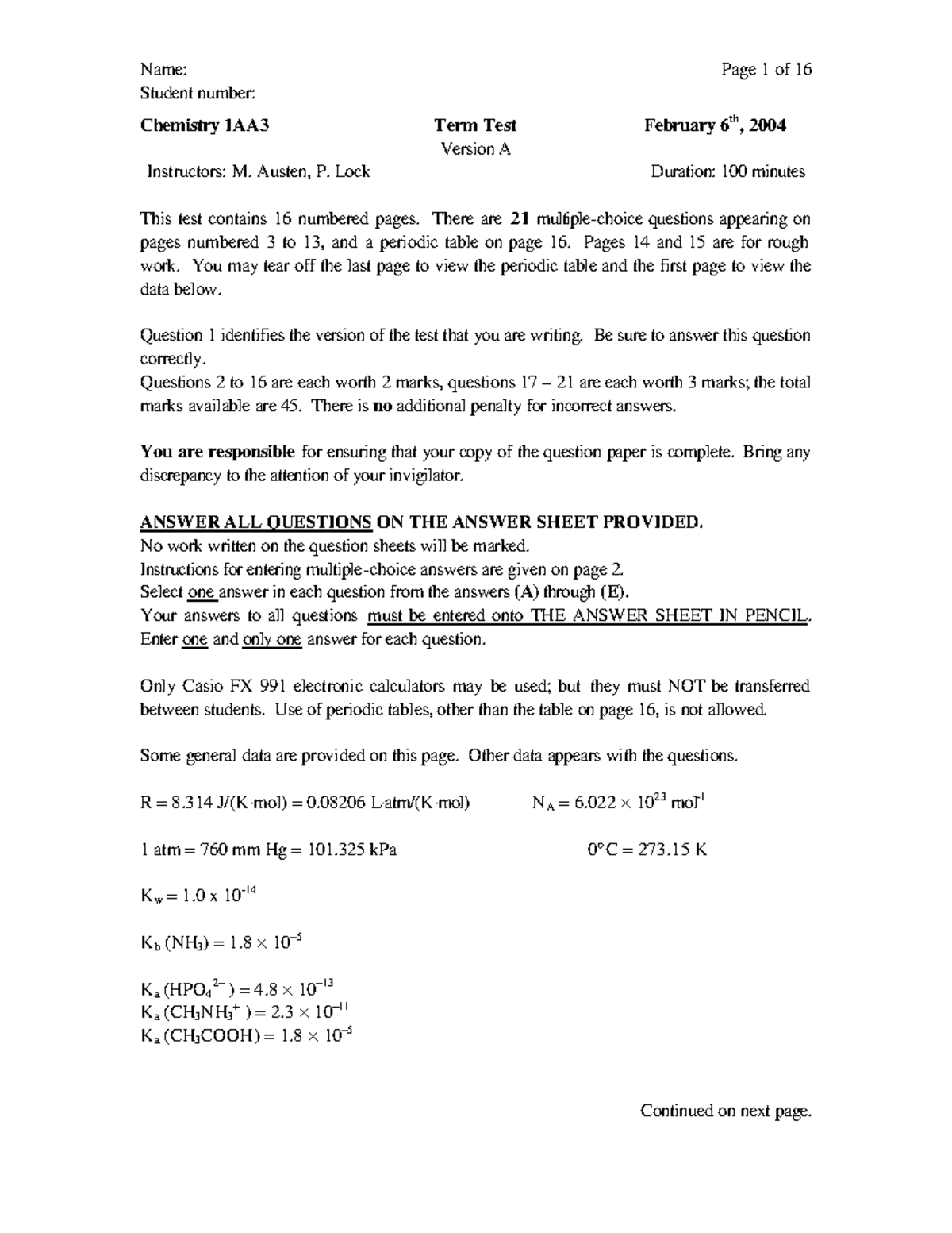 Test 1 2004 - CHEM1AA03 - Student number: Chemistry 1AA3 Term Test ...