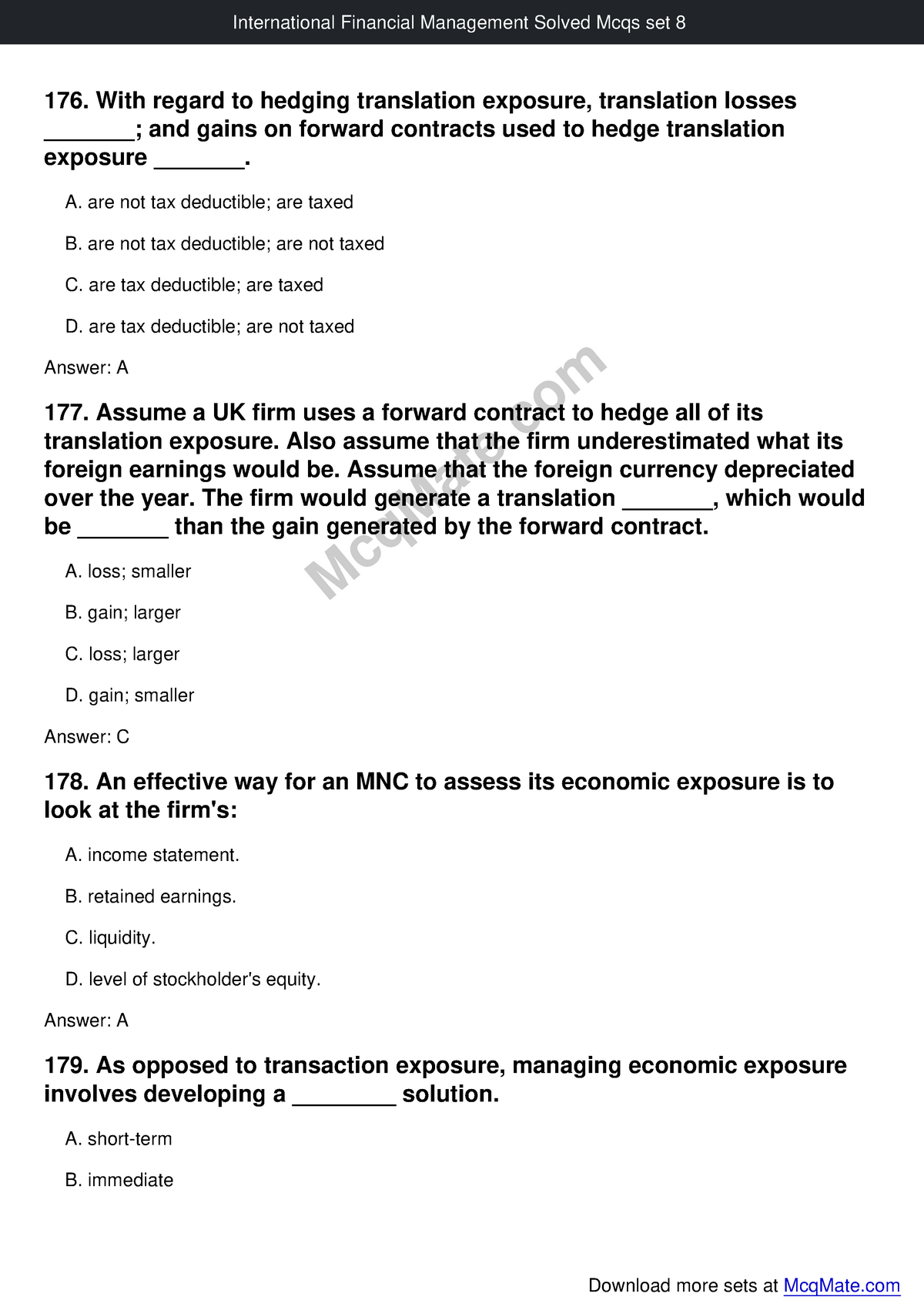 International Financial Management Solved Mcqs Set 8 Mcq Mate - 176 ...