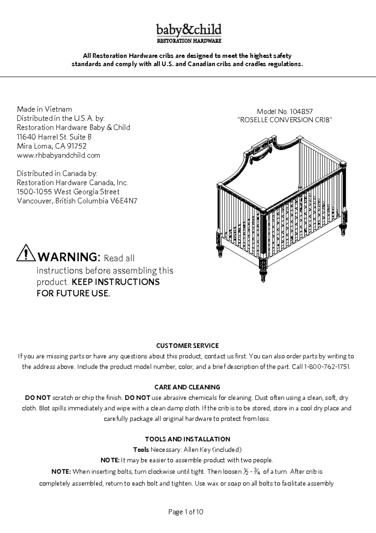 BABY COT Renaissance Assembly Instructions CUSTOMER SERVICE If you
