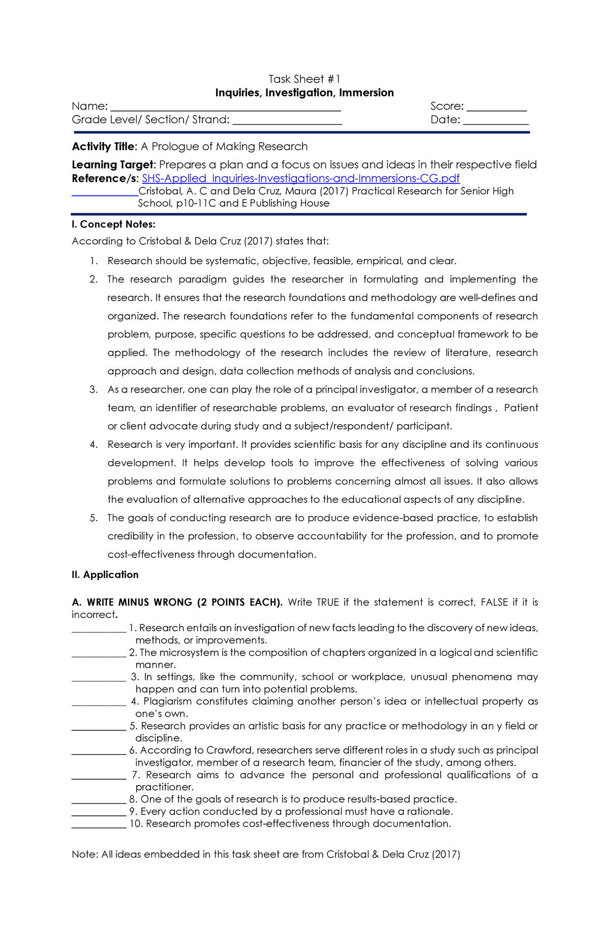 TASK Sheet #1 Inquiries - Task Sheet Inquiries, Investigation ...