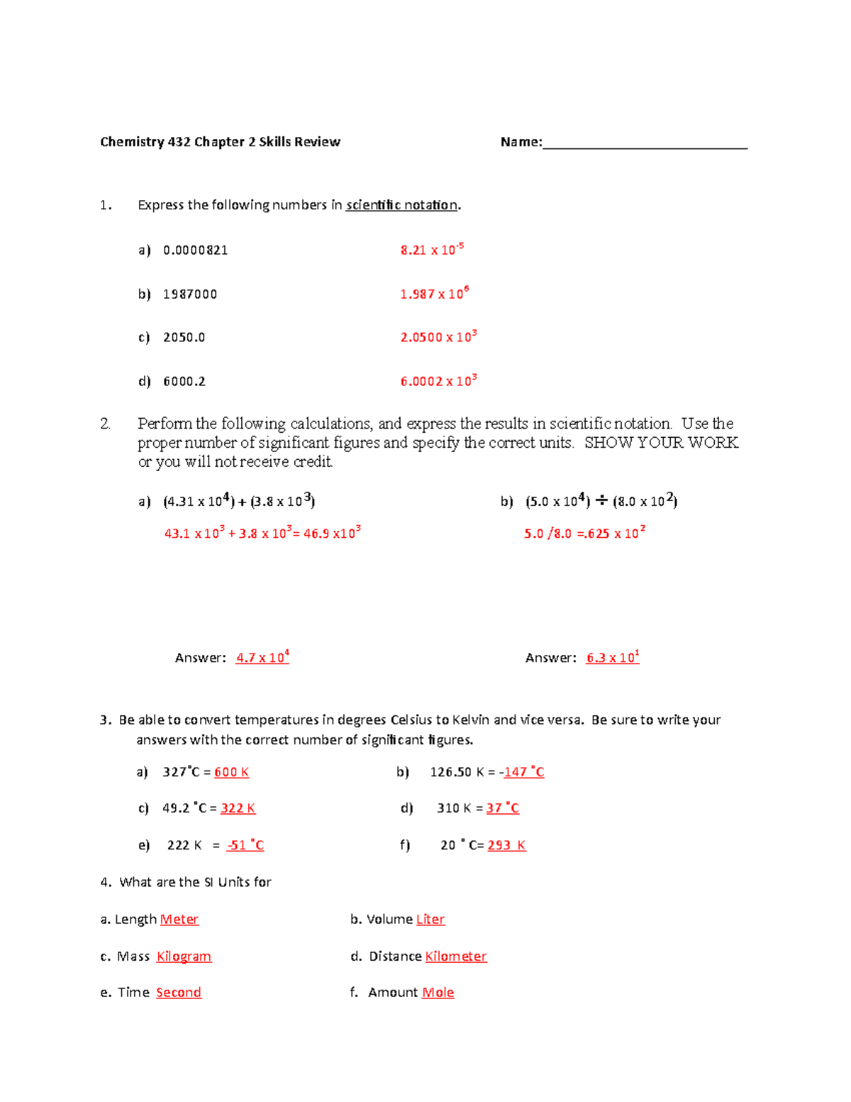 Chemistry 432 Chapter 2 Skills Review Key - Chemistry 432 Chapter 2 ...