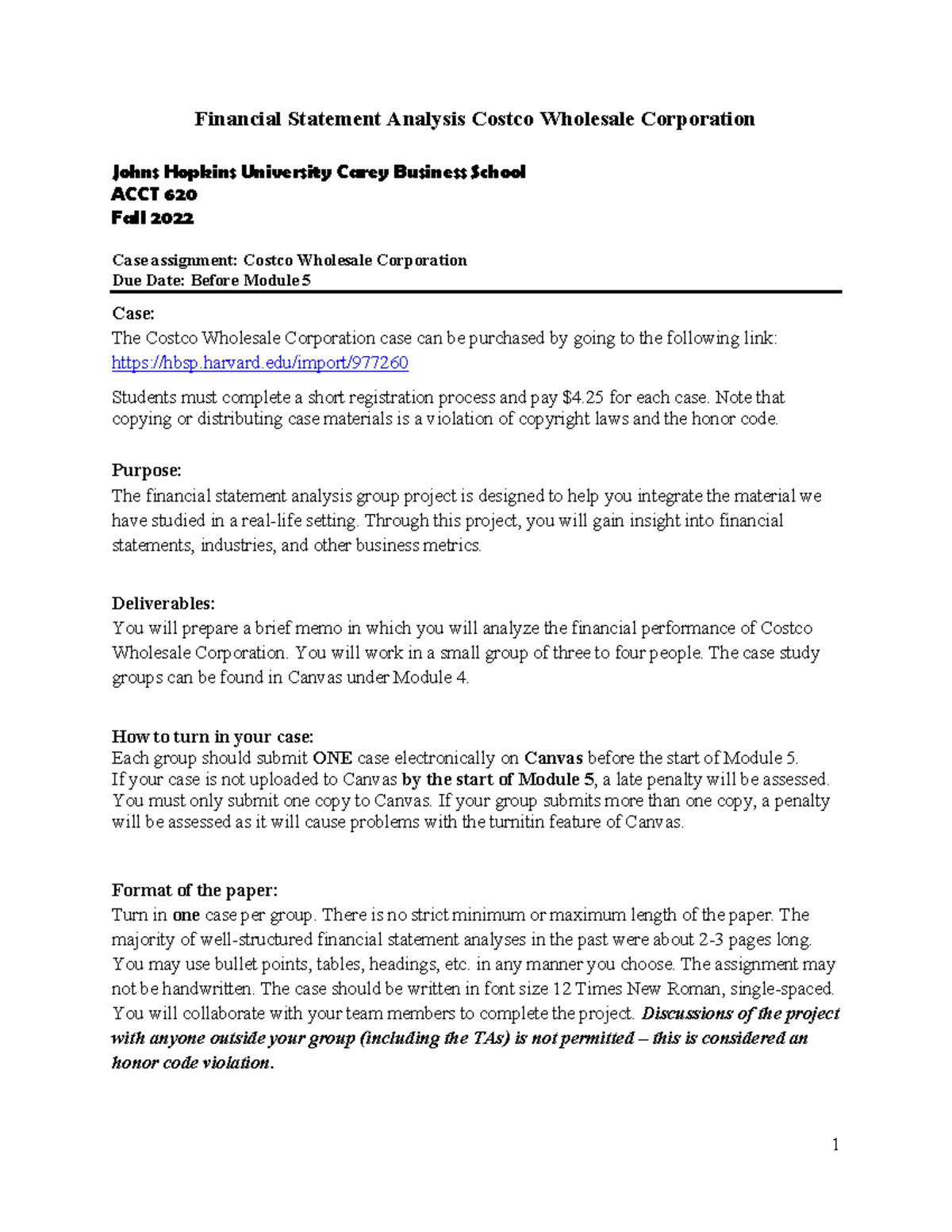 Costco Case Instruction Financial Statement Analysis Costco Wholesale