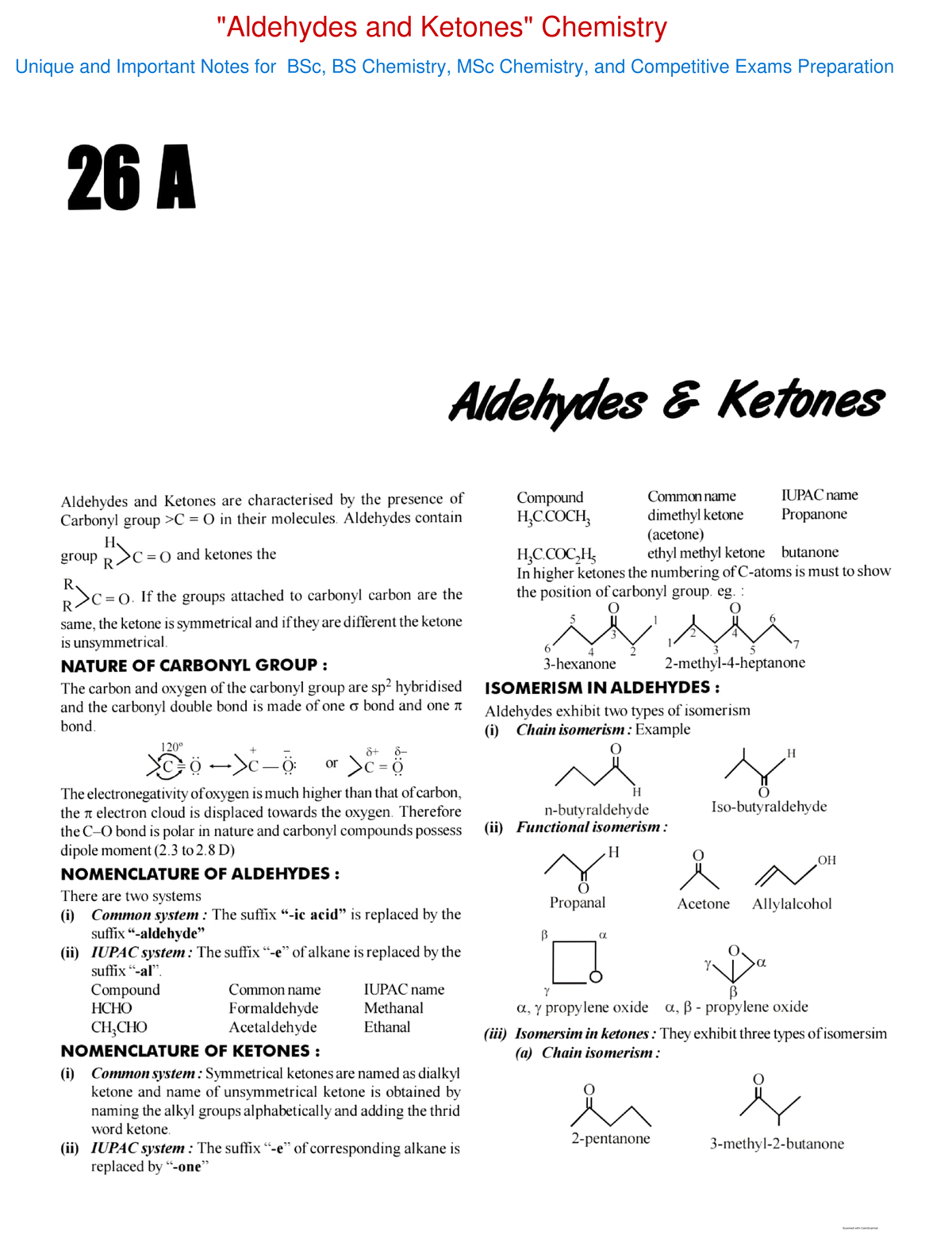 Aldehydes And Ketones Chemistry Unique And Important Notes For 12 Class ...