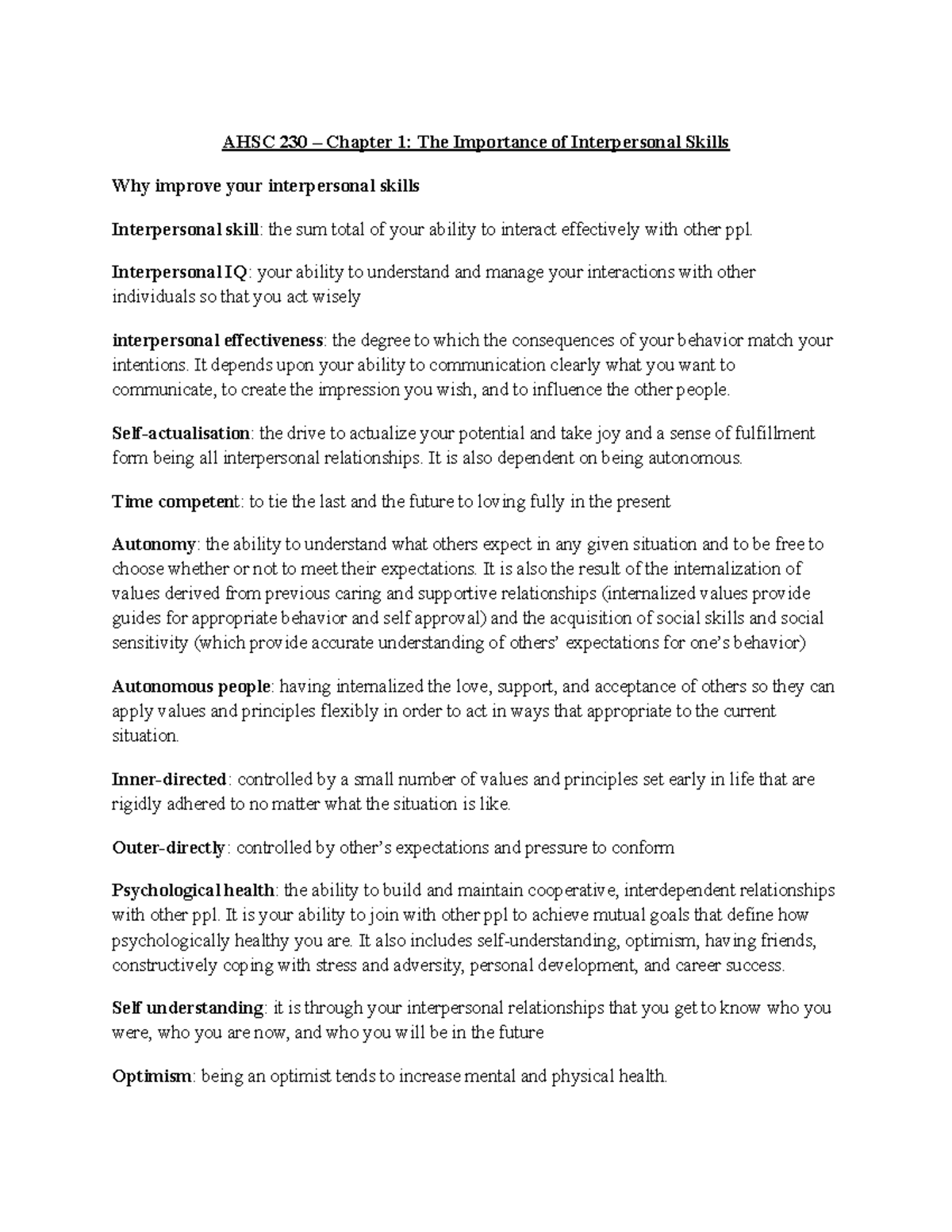 AHSC 230 – Chapter 1 The Importance of Interpersonal Skills - AHSC 230 ...