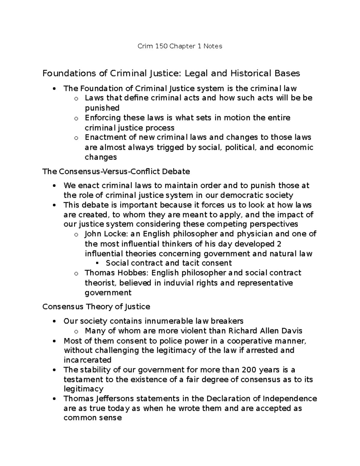 Chapter 1 Notes - Crim 150 Chapter 1 Notes Foundations of Criminal ...