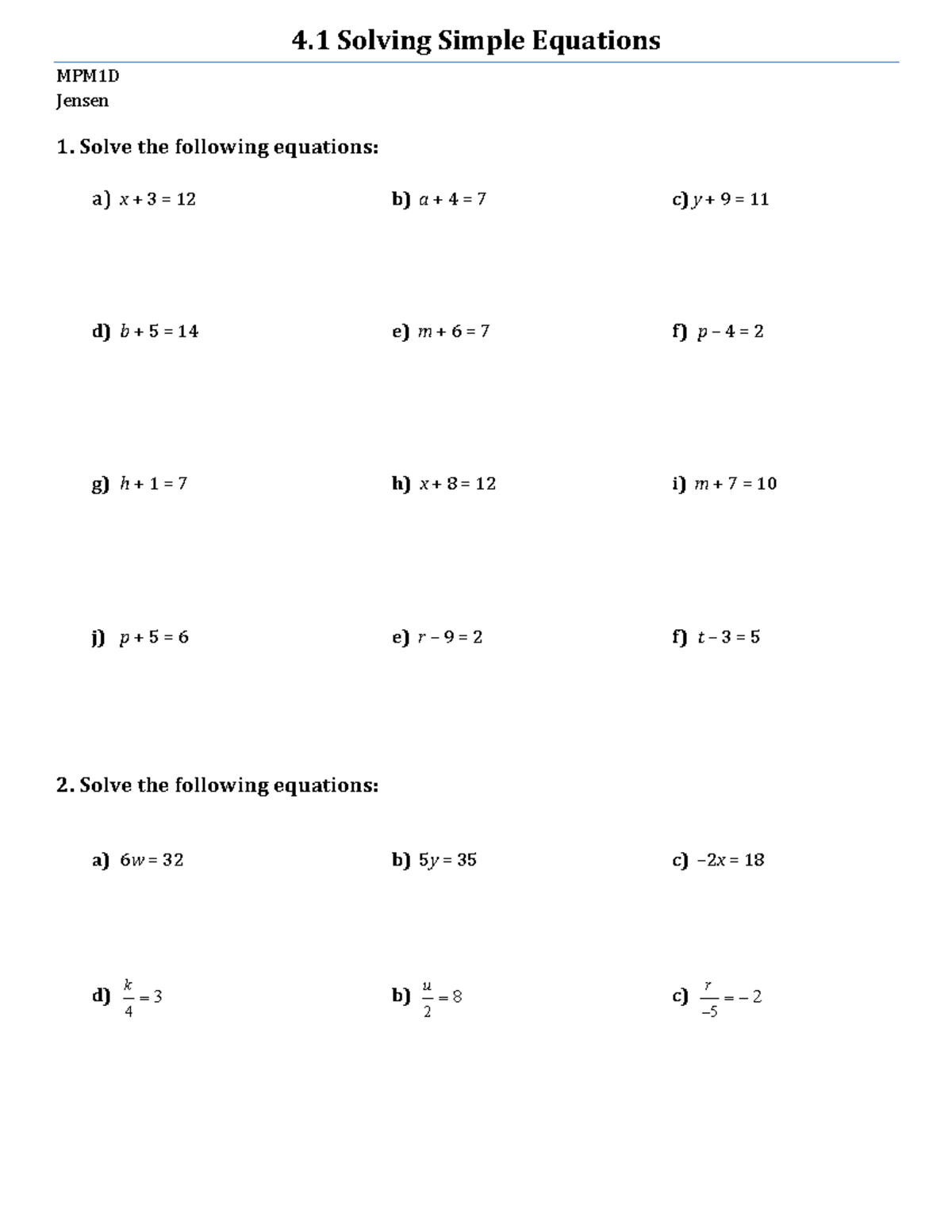 Solving Basic Equations Worksheet - 1229 - 4 Solving Simple Equations ...