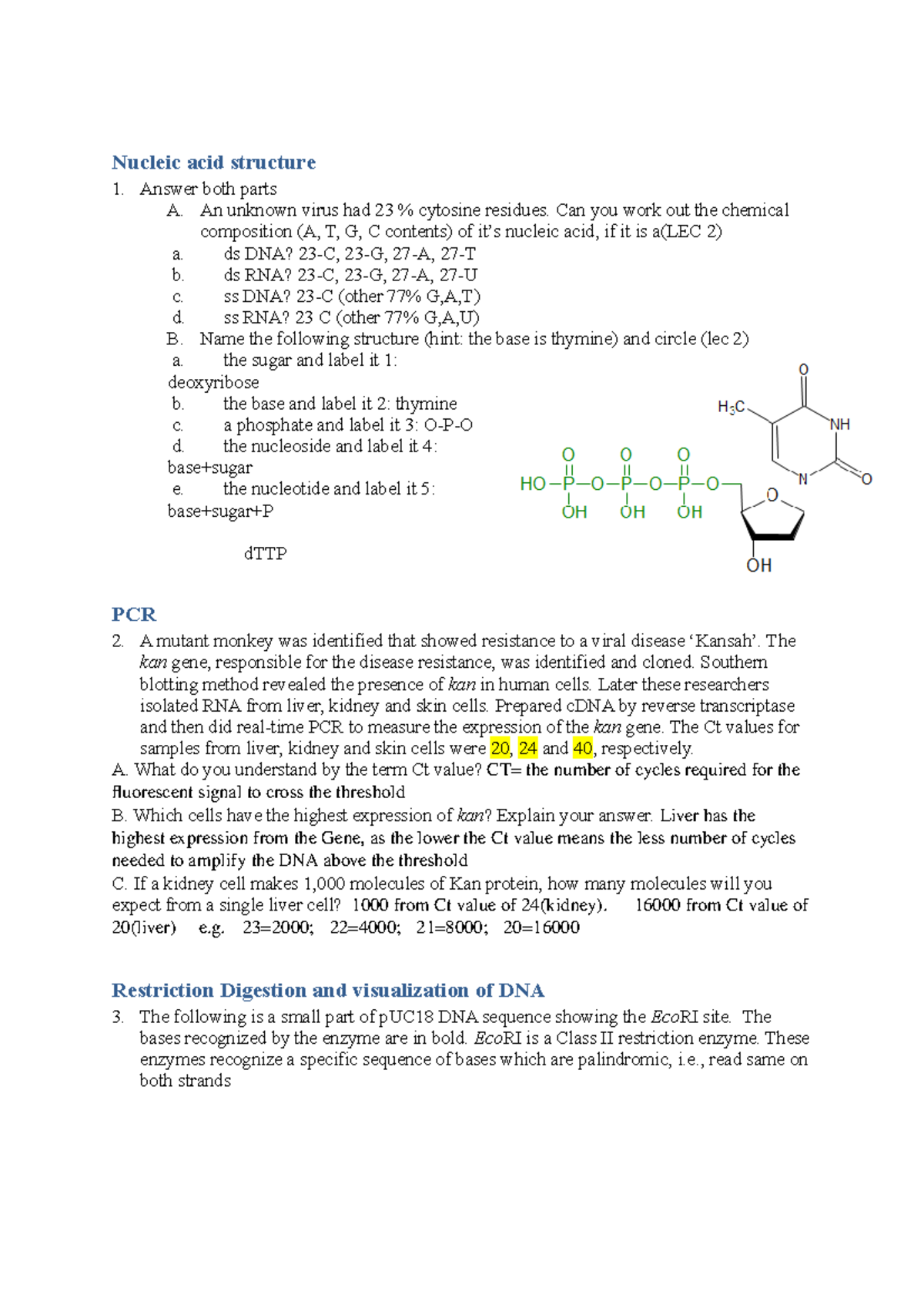 Sample/practice exam, questions for lectures 112 Nucleic acid