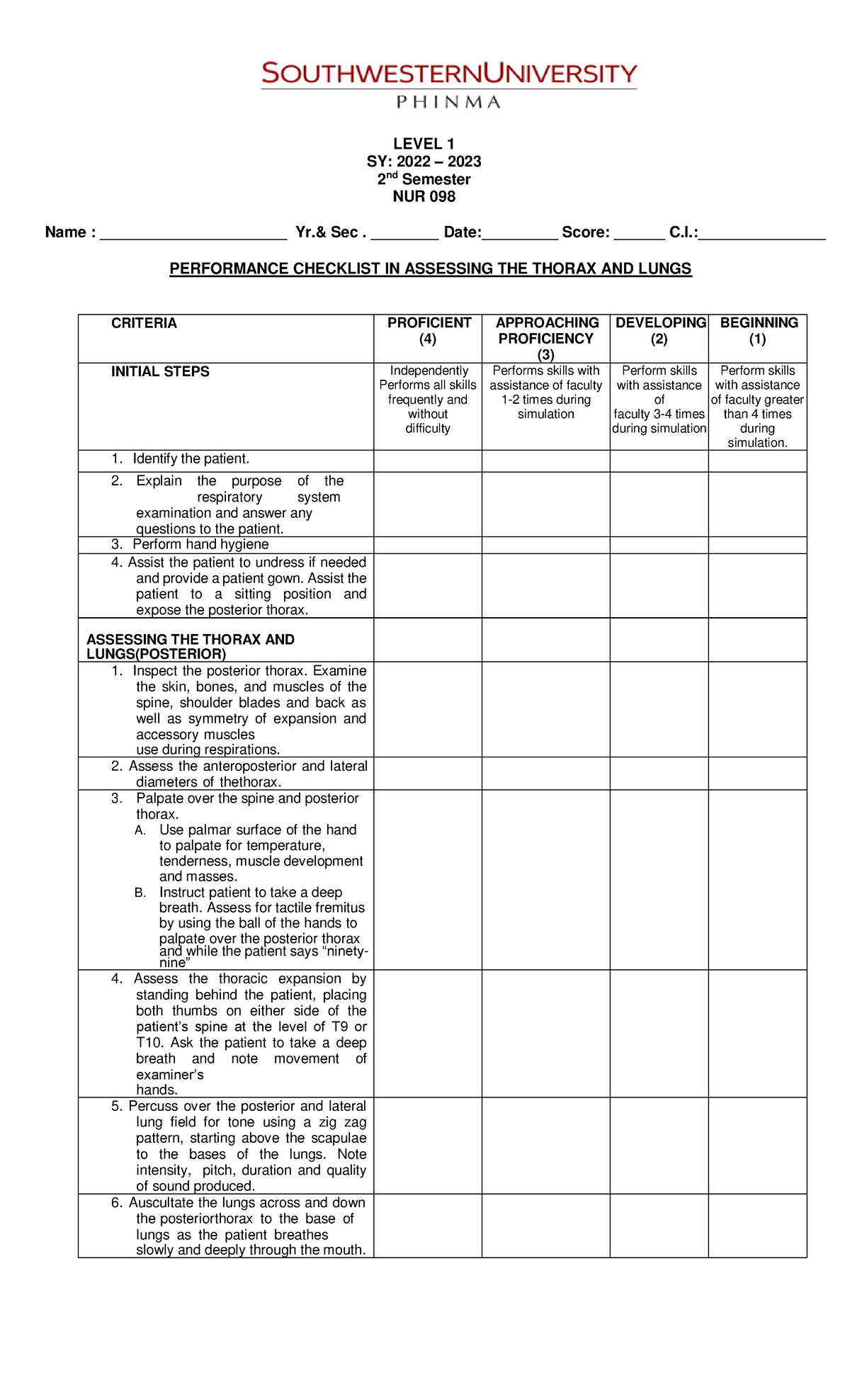 Performance Checklist IN Assessing THE Thorax AND Lungs - LEVEL 1 SY ...