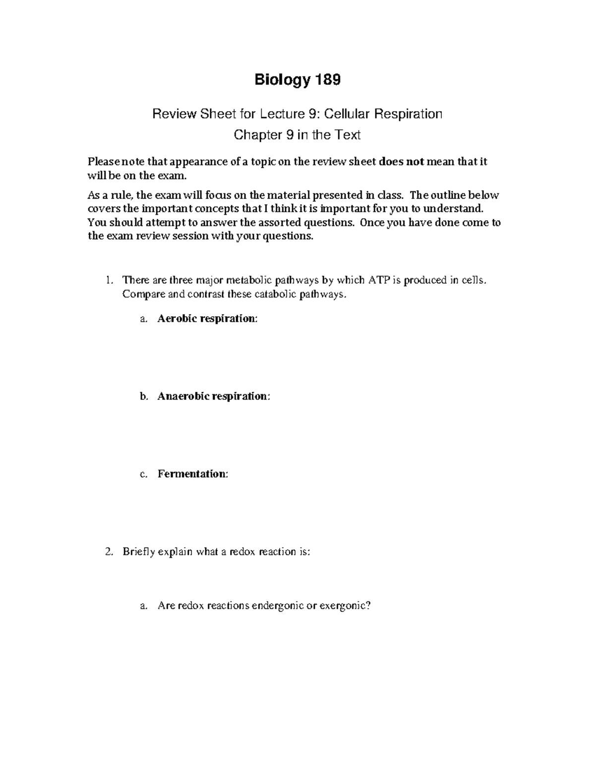 Study Guide Chapter 9 - Biology 189 Review Sheet For Lecture 9 ...