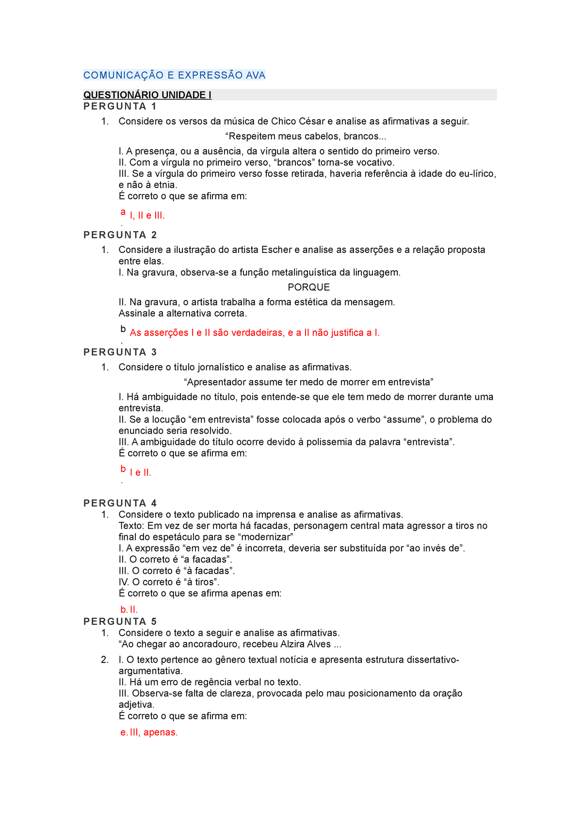 Comunicação E Expressão Ava Unidade 1 ComunicaÇÃo E ExpressÃo Ava QuestionÁrio Unidade I P E R 6719