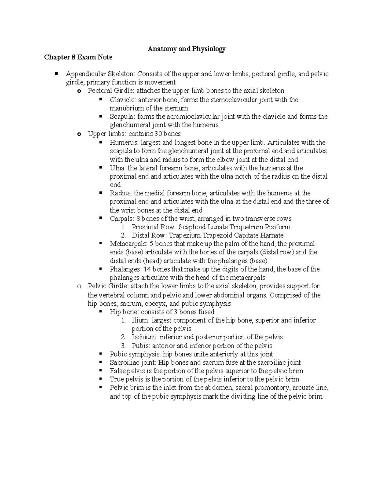 Chapter 8 Exam Notes - Summary Anatomy and Physiology I - Anatomy and ...