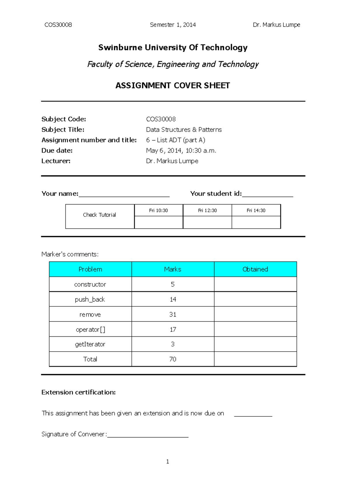 Problem Set 6(3)-2 - Semester 1, 2014 Dr. Markus Lumpe Swinburne ...