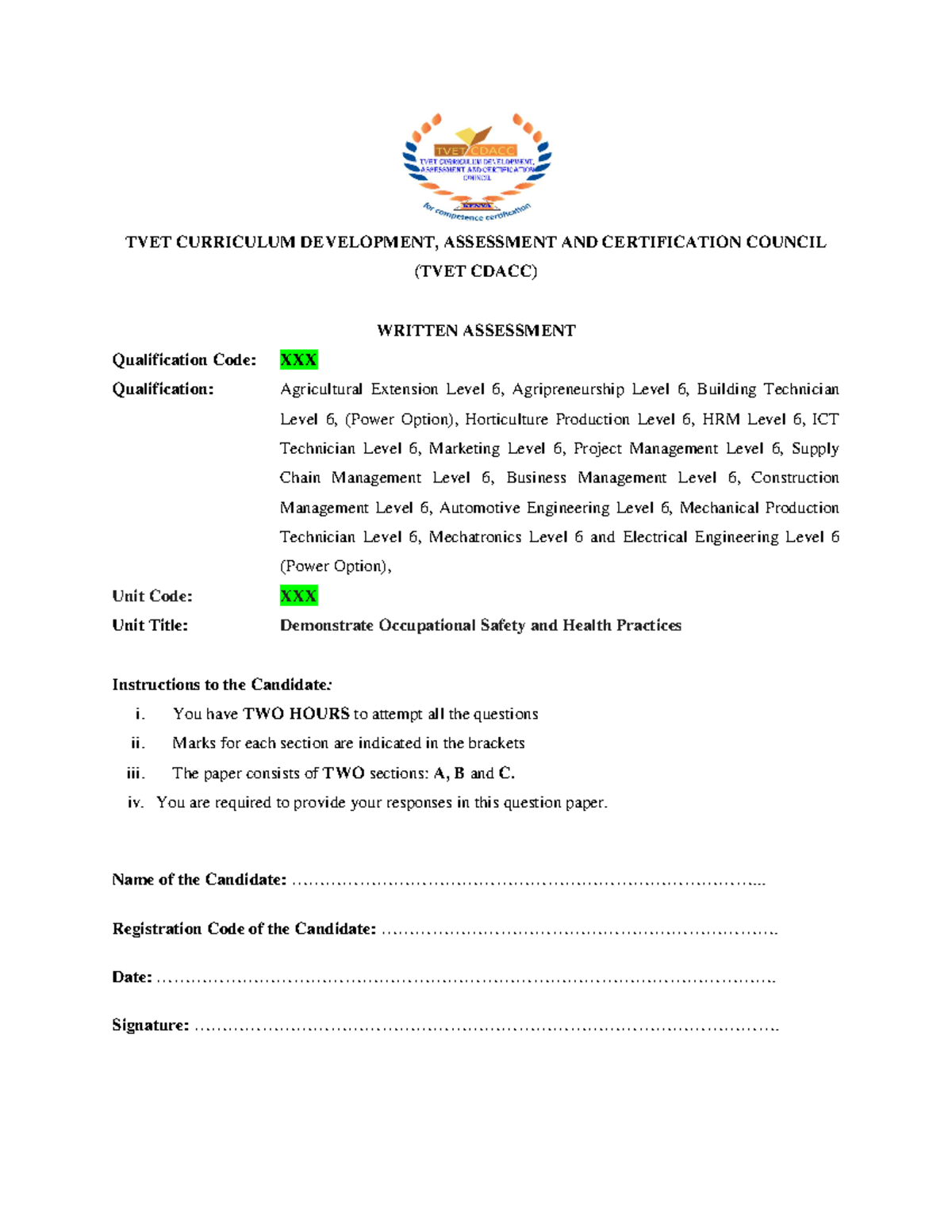 Validated Candidate Written Assessment Tool - TVET CURRICULUM ...