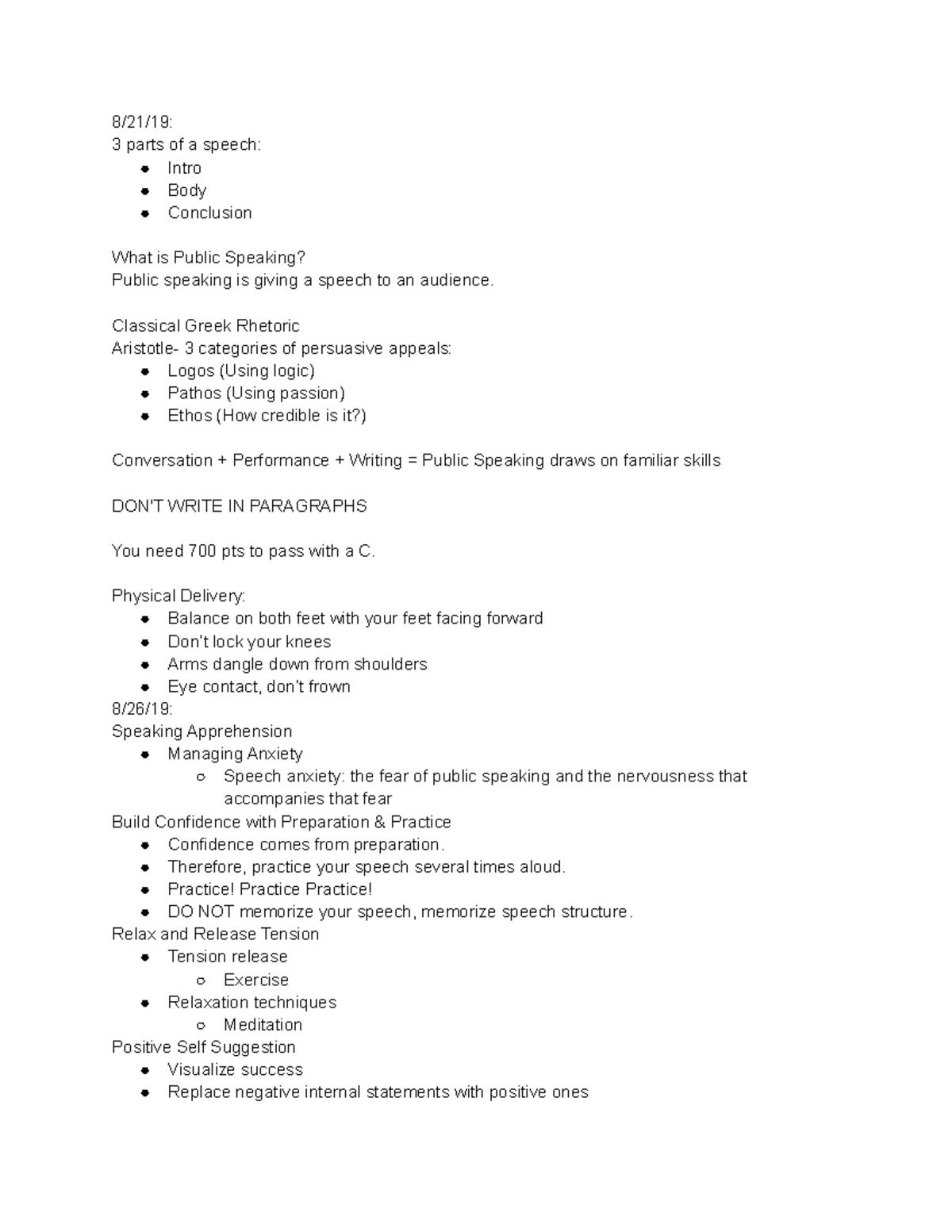 COMM 20 Notes - 8/21/19: 3 parts of a speech: Intro Body Conclusion ...